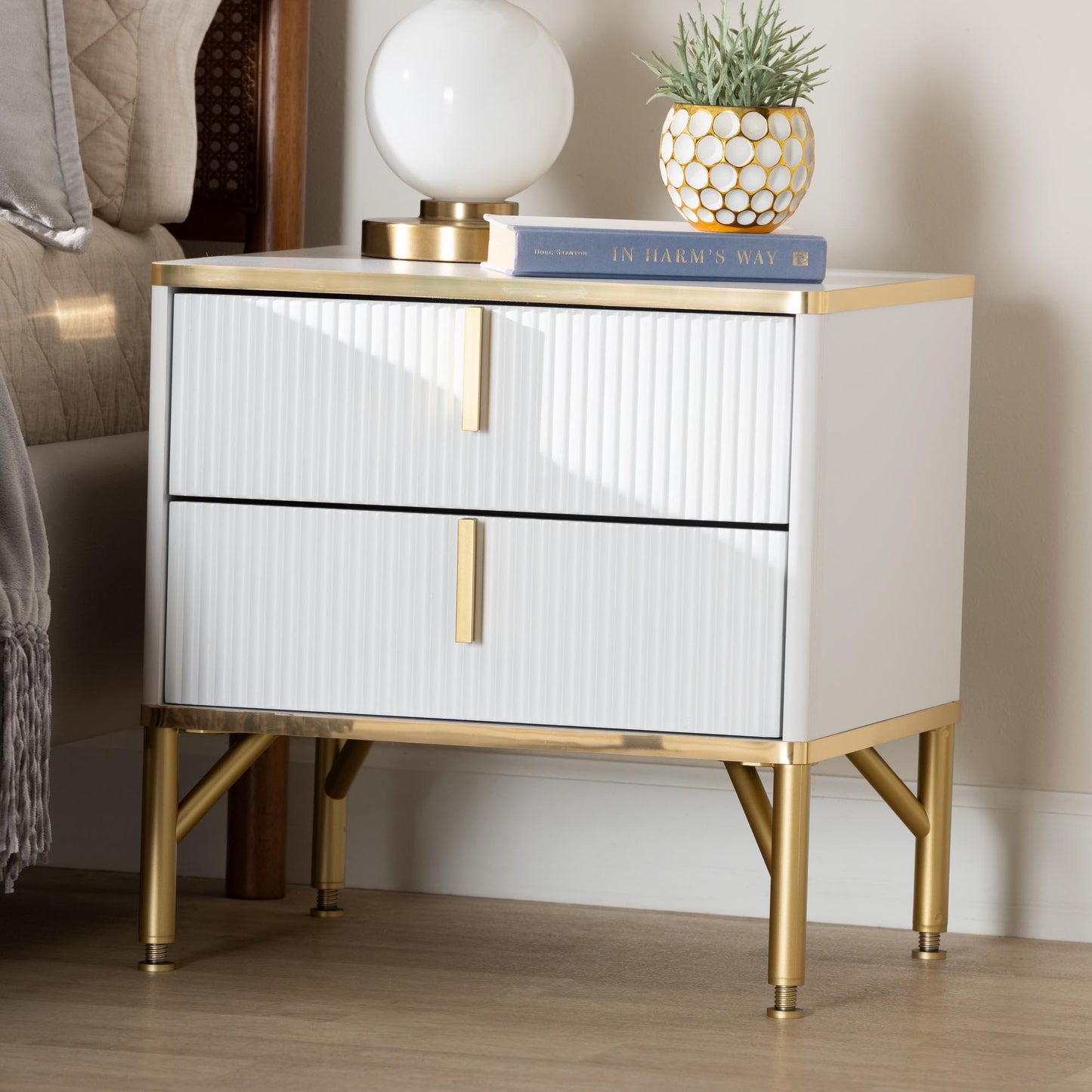 Baxton Studio Lilac Modern Glam White Wood and Gold Metal 2-Drawer Nightstand | Nightstands | Modishstore