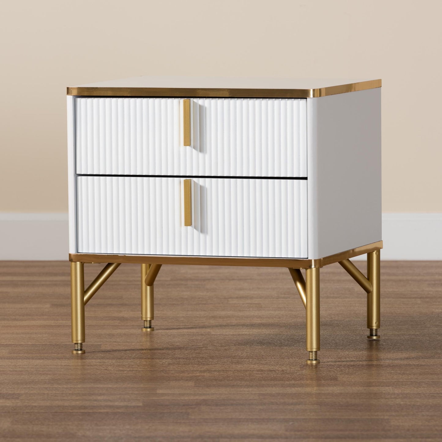 Baxton Studio Lilac Modern Glam White Wood and Gold Metal 2-Drawer Nightstand | Nightstands | Modishstore - 9