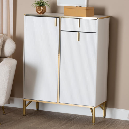 Baxton Studio Lilac Modern Glam White Wood and Gold Metal 2-Door Shoe Cabinet | Cabinets | Modishstore