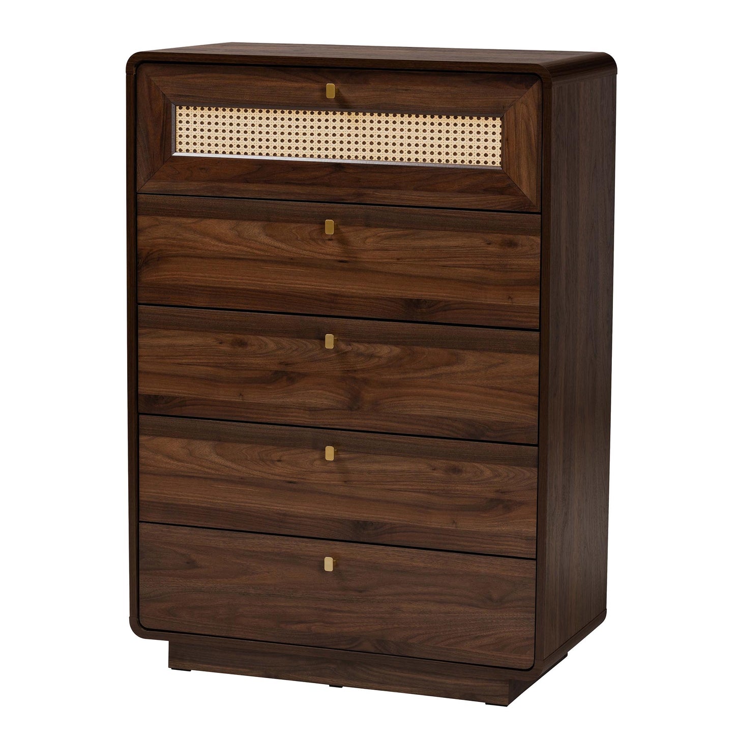 Baxton Studio Jenibelle Classic Walnut Brown Wood 5-Drawer Chest with Rattan Drawer | Drawers | Modishstore - 2