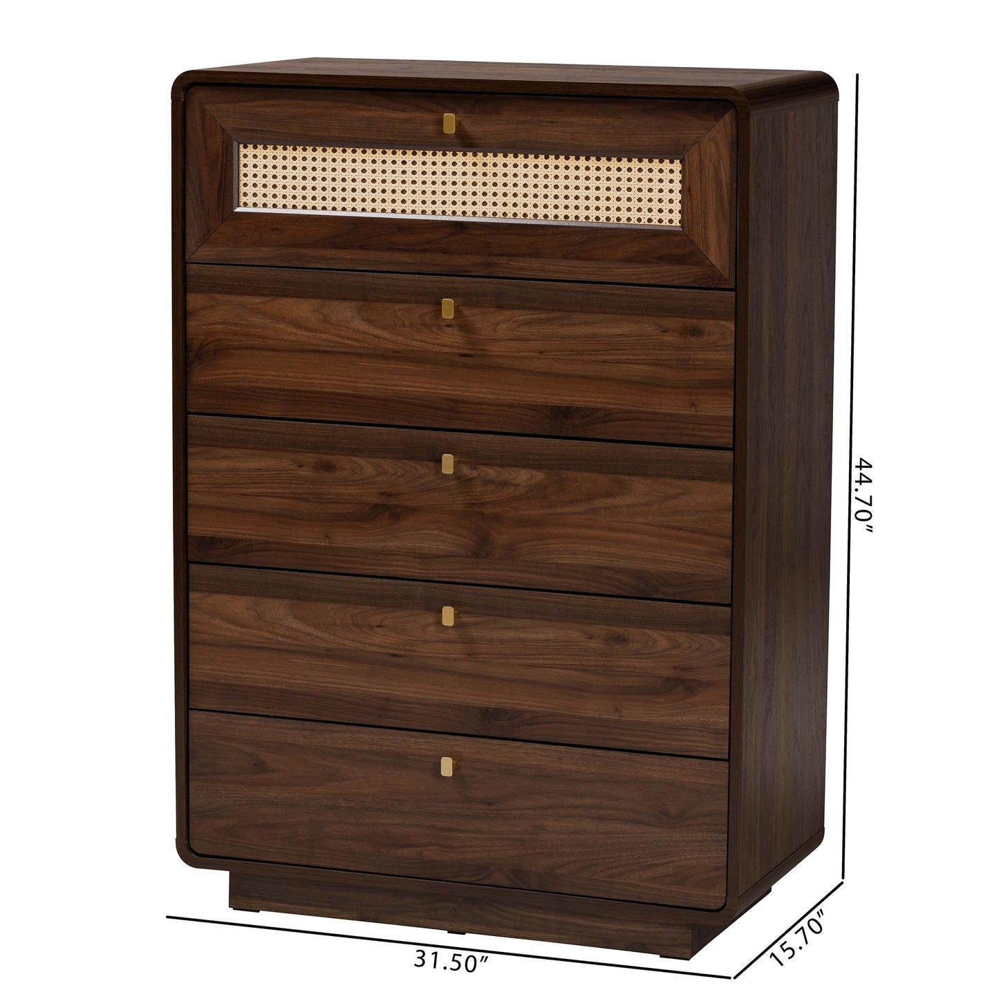 Baxton Studio Jenibelle Classic Walnut Brown Wood 5-Drawer Chest with Rattan Drawer | Drawers | Modishstore - 10