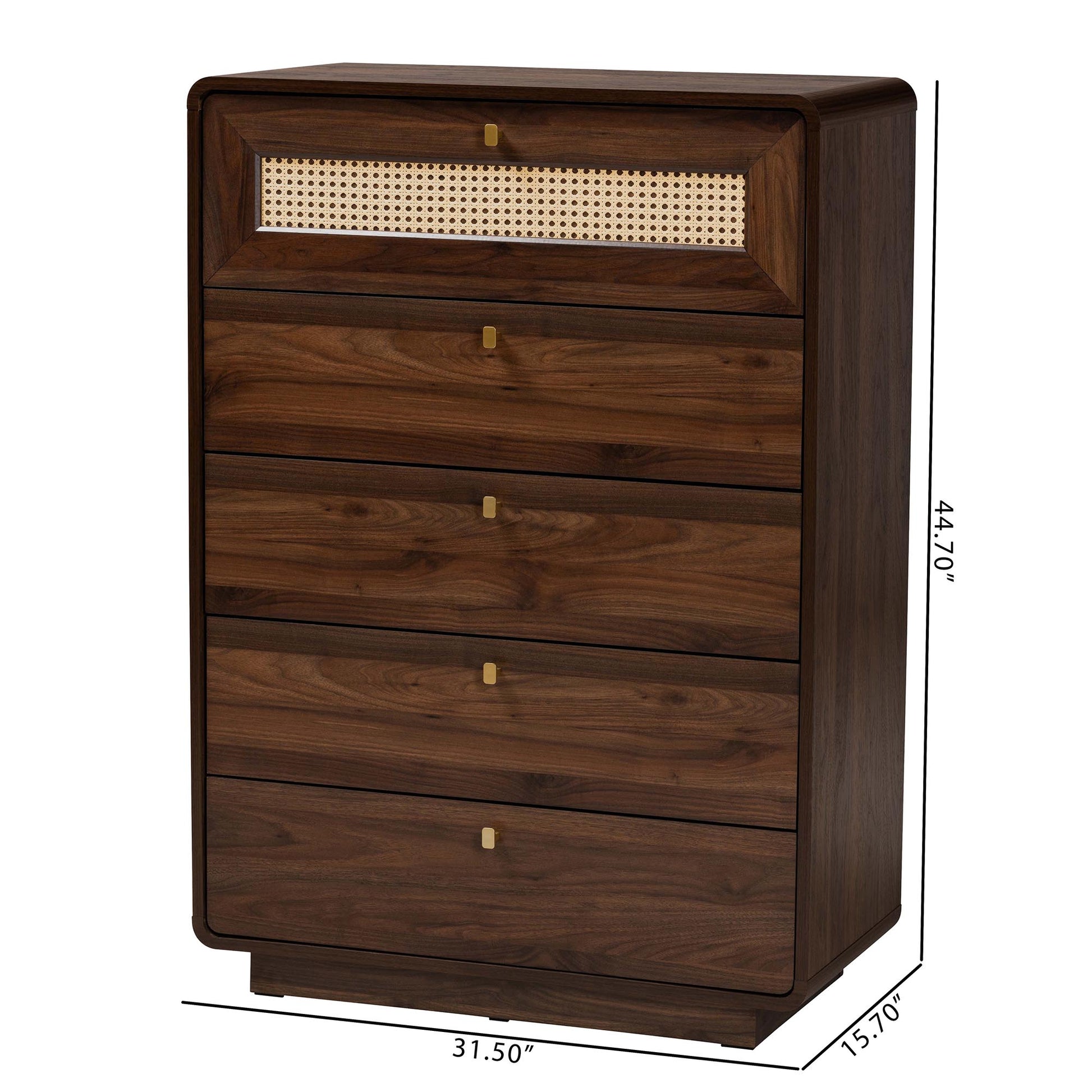 Baxton Studio Jenibelle Classic Walnut Brown Wood 5-Drawer Chest with Rattan Drawer | Drawers | Modishstore - 10