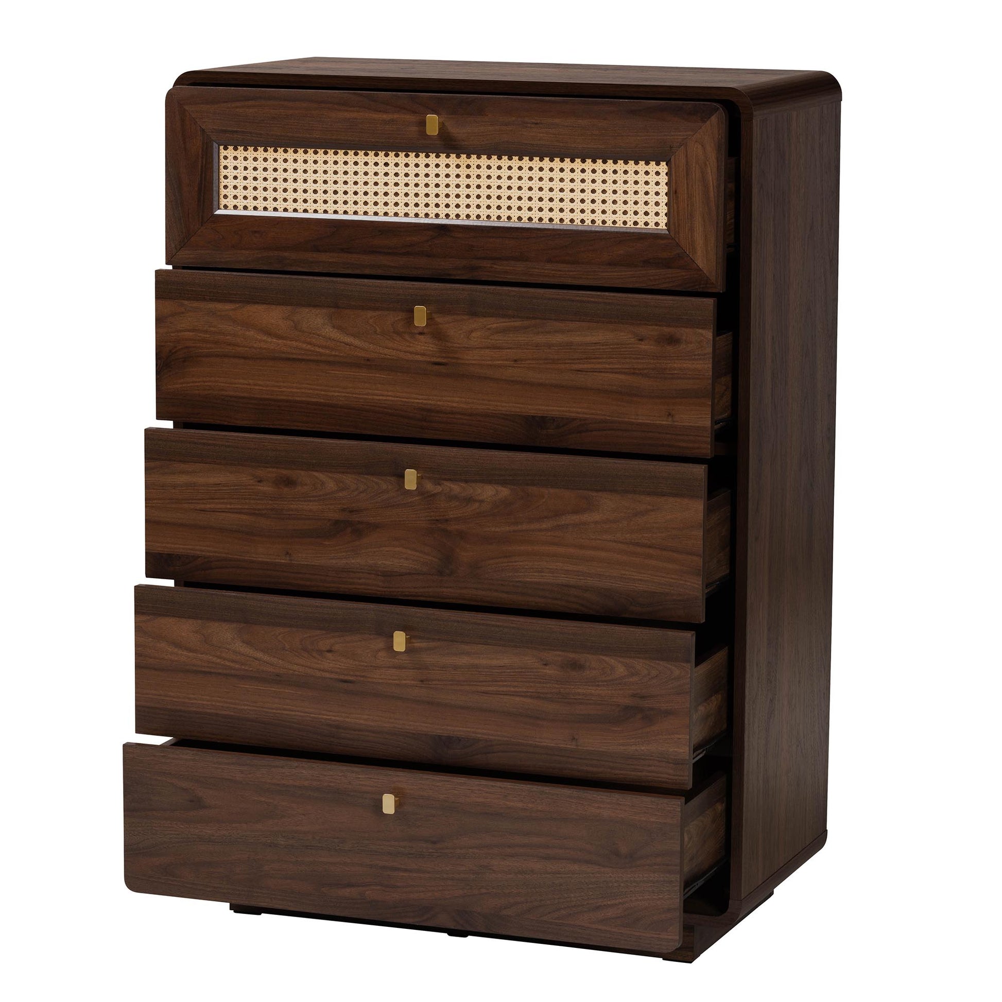 Baxton Studio Jenibelle Classic Walnut Brown Wood 5-Drawer Chest with Rattan Drawer | Drawers | Modishstore - 3