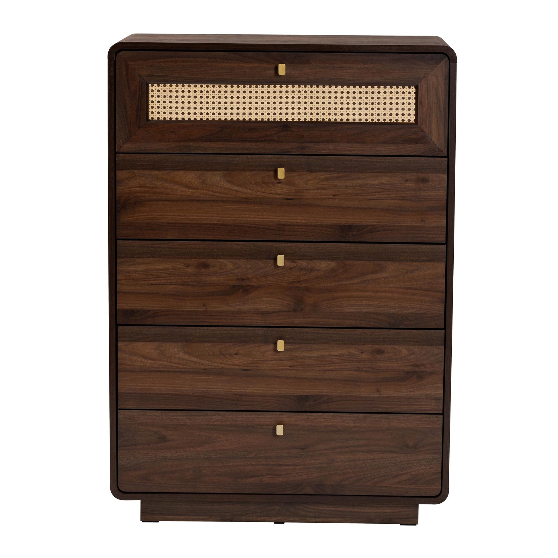 Baxton Studio Jenibelle Classic Walnut Brown Wood 5-Drawer Chest with Rattan Drawer | Drawers | Modishstore - 4