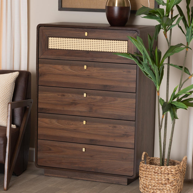 Baxton Studio Jenibelle Classic Walnut Brown Wood 5-Drawer Chest with Rattan Drawer | Drawers | Modishstore