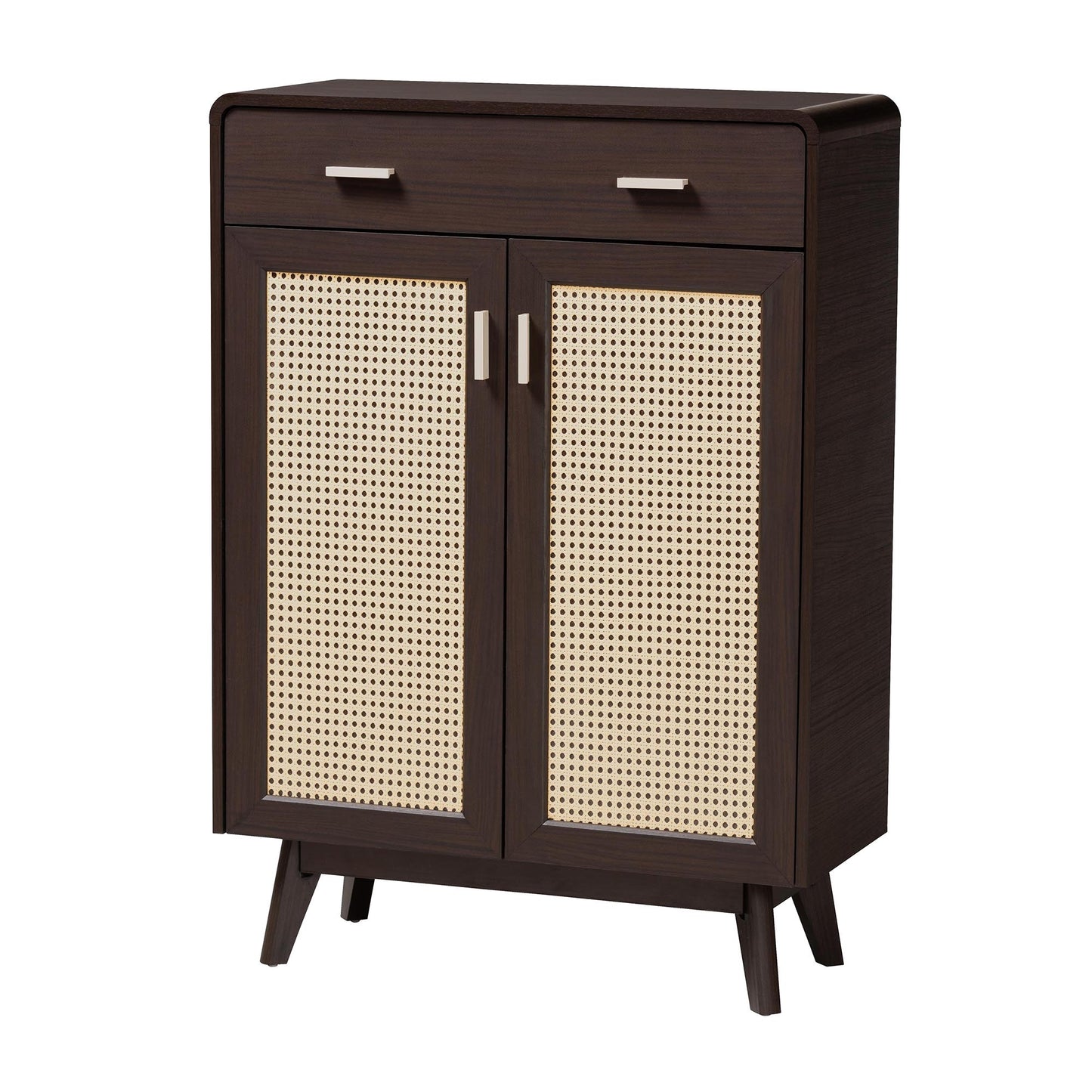 Baxton Studio Giancarlo Mid-Century Modern Espresso Brown Wood 2-Door Shoe Cabinet with Rattan Door | Cabinets | Modishstore - 2