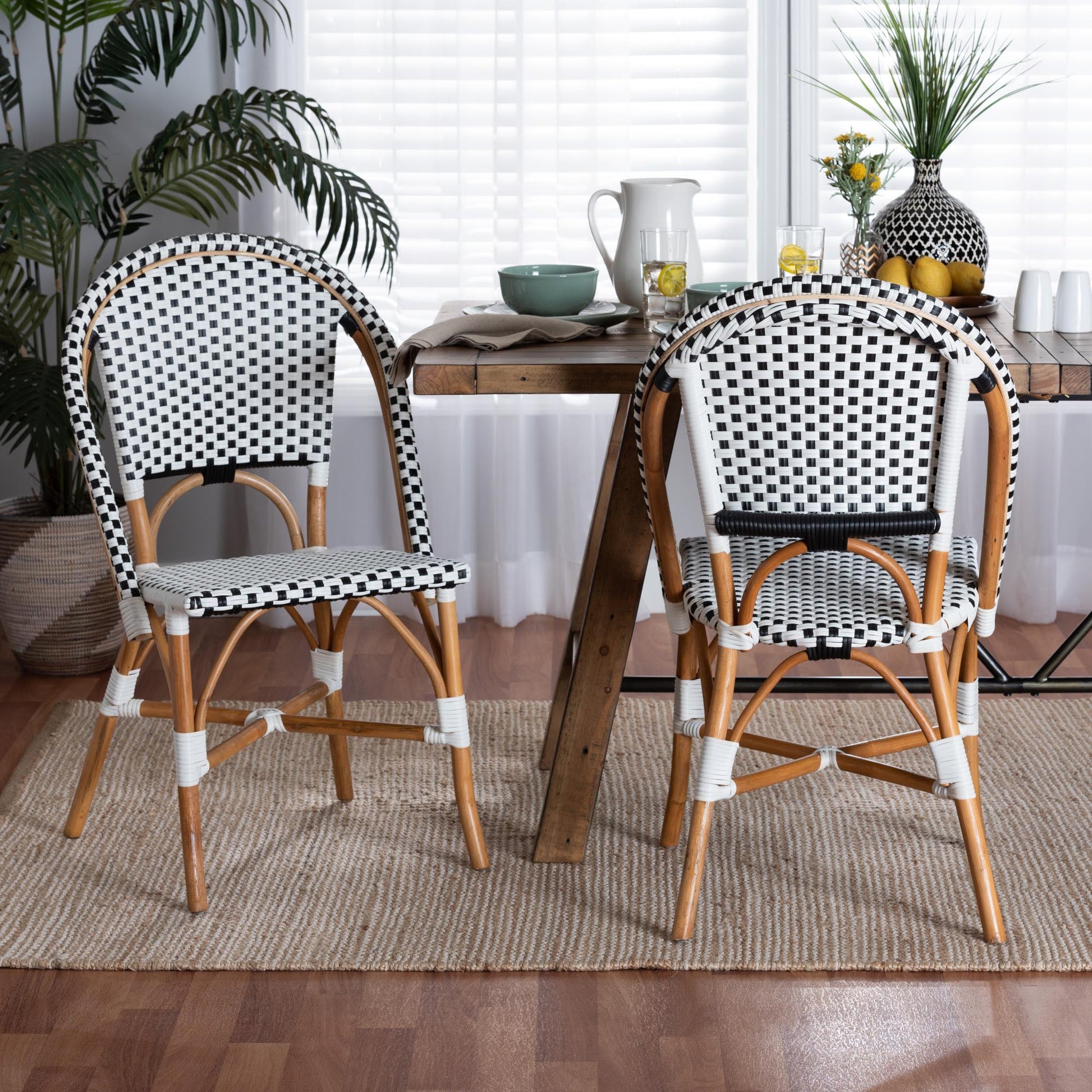 Baxton Studio Quincy Modern French Black and White Weaving and Natural Brown Rattan 2-Piece Bistro Chair Set | Dining Chairs | Modishstore