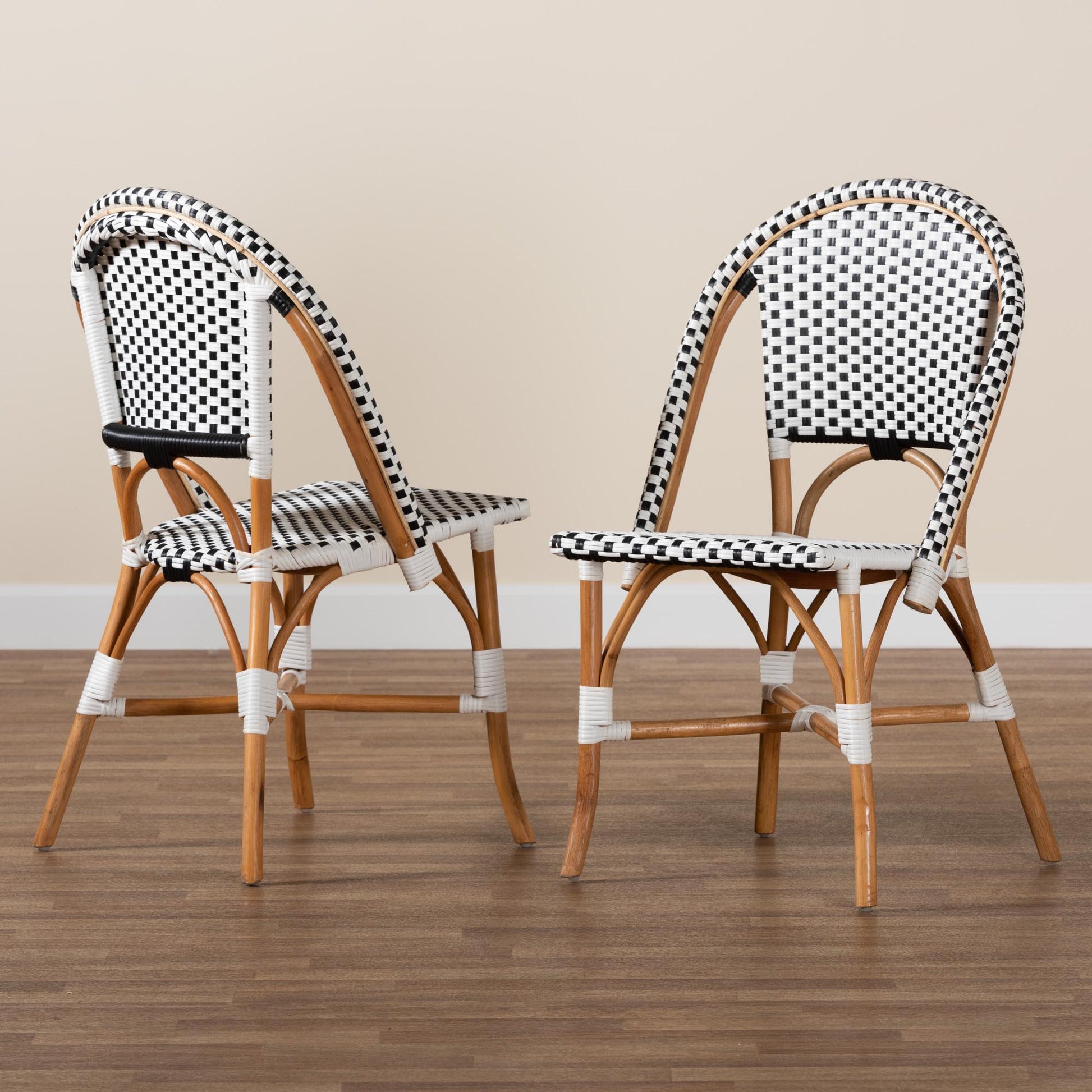 Baxton Studio Quincy Modern French Black and White Weaving and Natural Brown Rattan 2-Piece Bistro Chair Set | Dining Chairs | Modishstore - 2