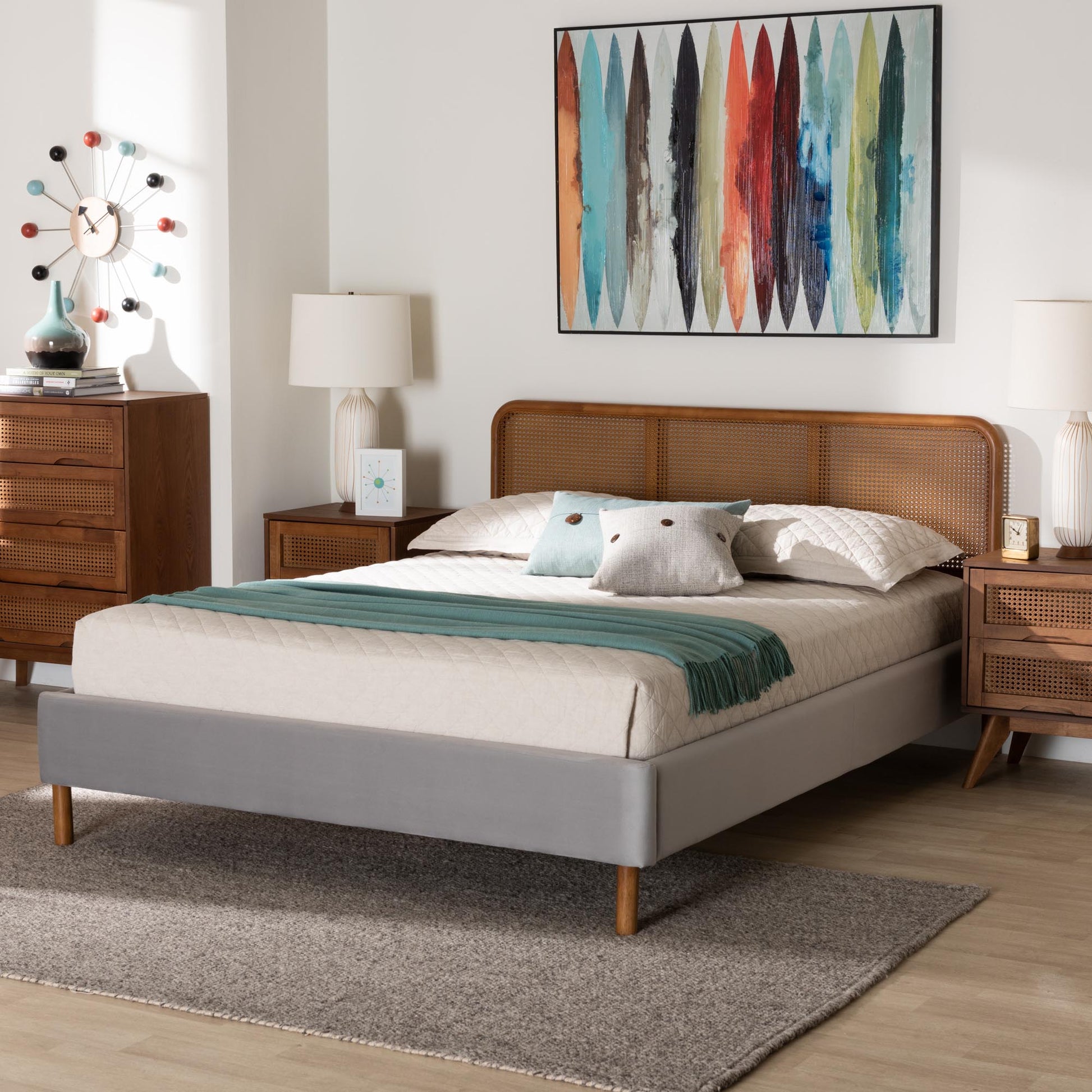 Baxton Studio Rosita Mid-Century Modern Transitional Light Grey Velvet Fabric and Walnut Brown Finished Wood Queen Size Platform Bed | Beds | Modishstore