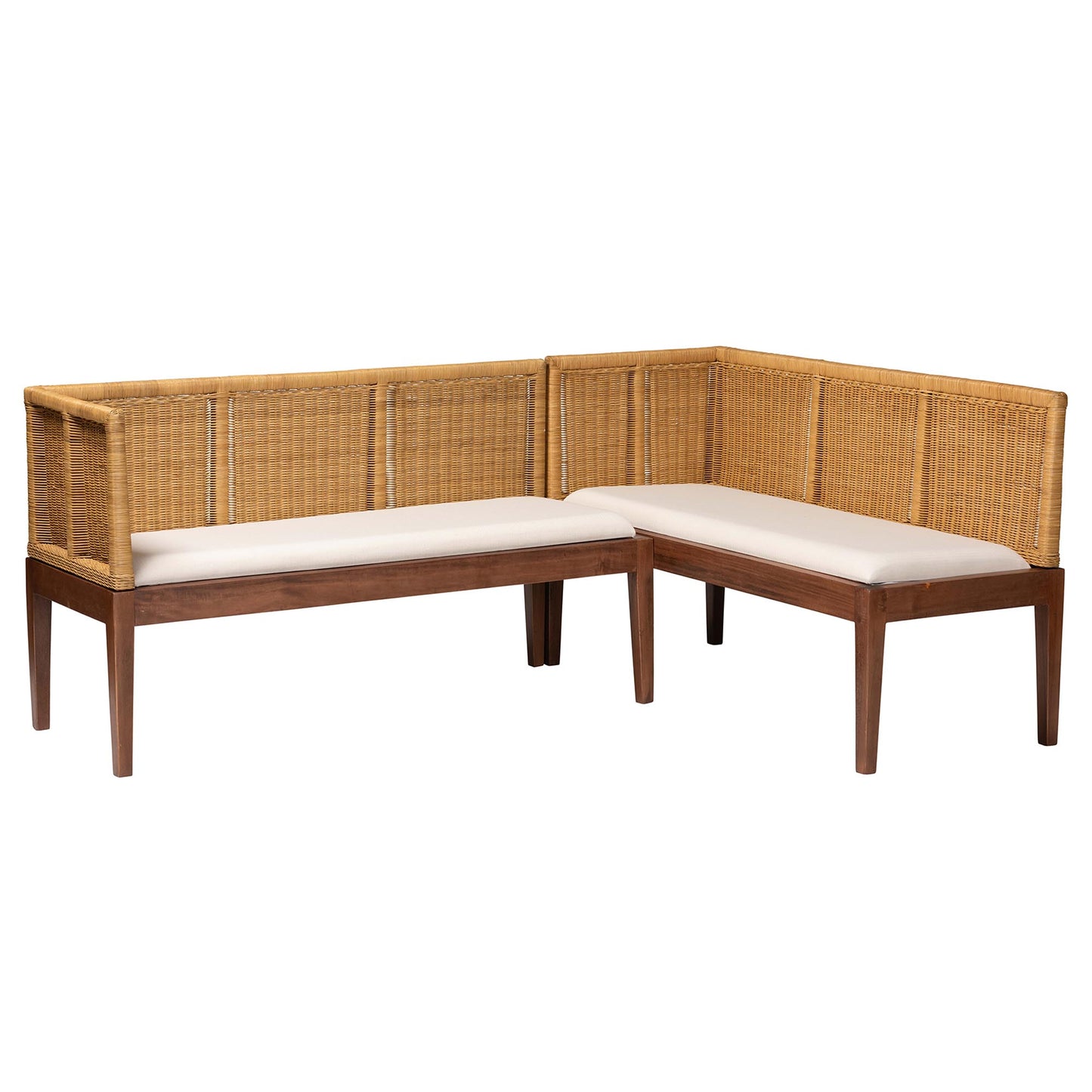 Baxton Studio bali & pari Tabanan Modern Bohemian Nautral Brown Rattan and Brown Acacia Wood 2-Piece Dining Nook Banquette Set | Sofa Set | Modishstore - 3