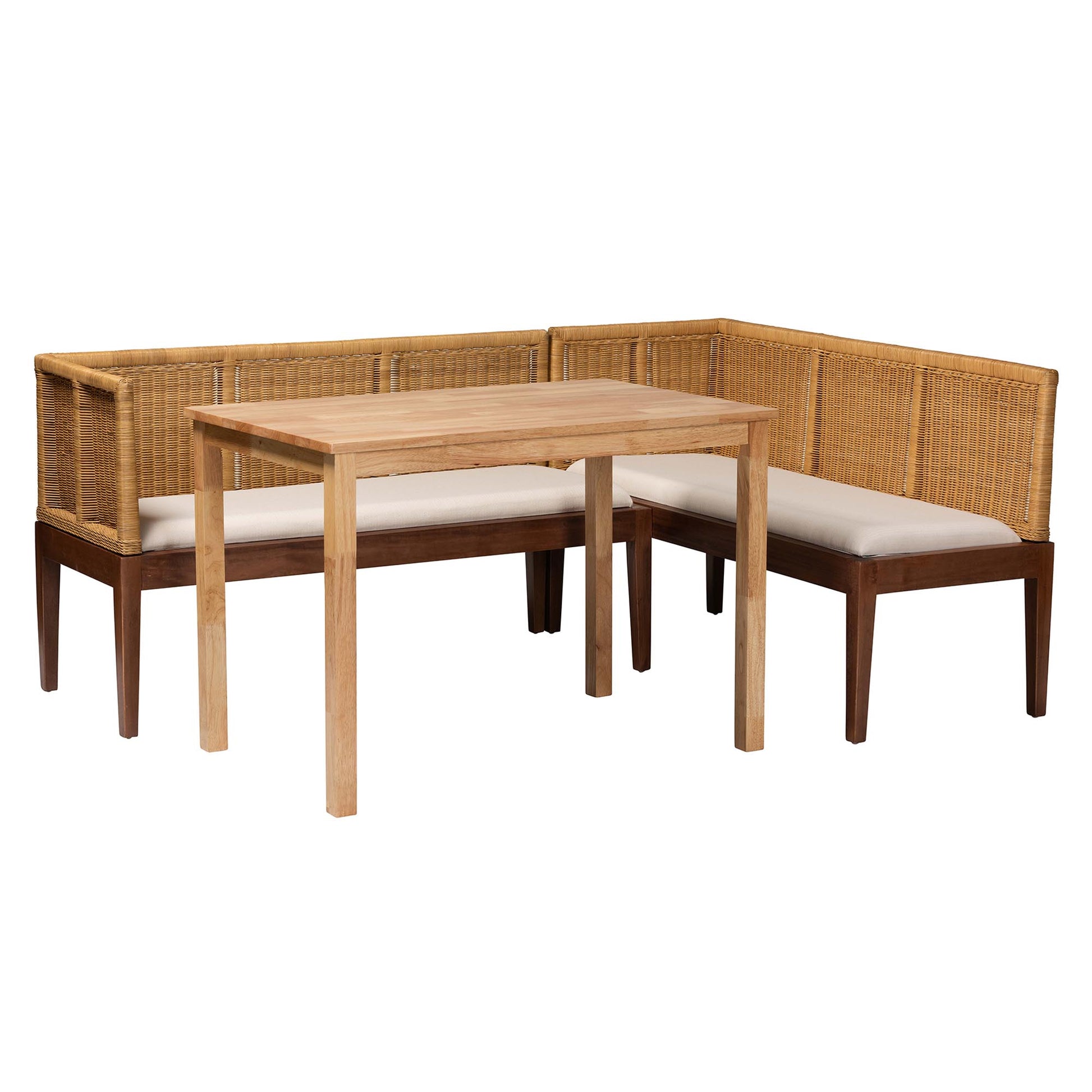 Baxton Studio bali & pari Tabanan Modern Bohemian Natural Brown Rattan and Brown Acacia Wood 3-Piece Dining Nook set | Dining Sets | Modishstore - 4