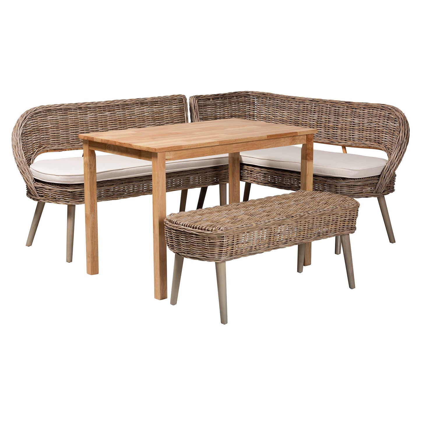 Baxton Studio Raisa Modern Bohemian Natural Kubu Rattan Bench and Wood Table 4-Piece Dining Nook Set | Dining Sets | Modishstore - 5