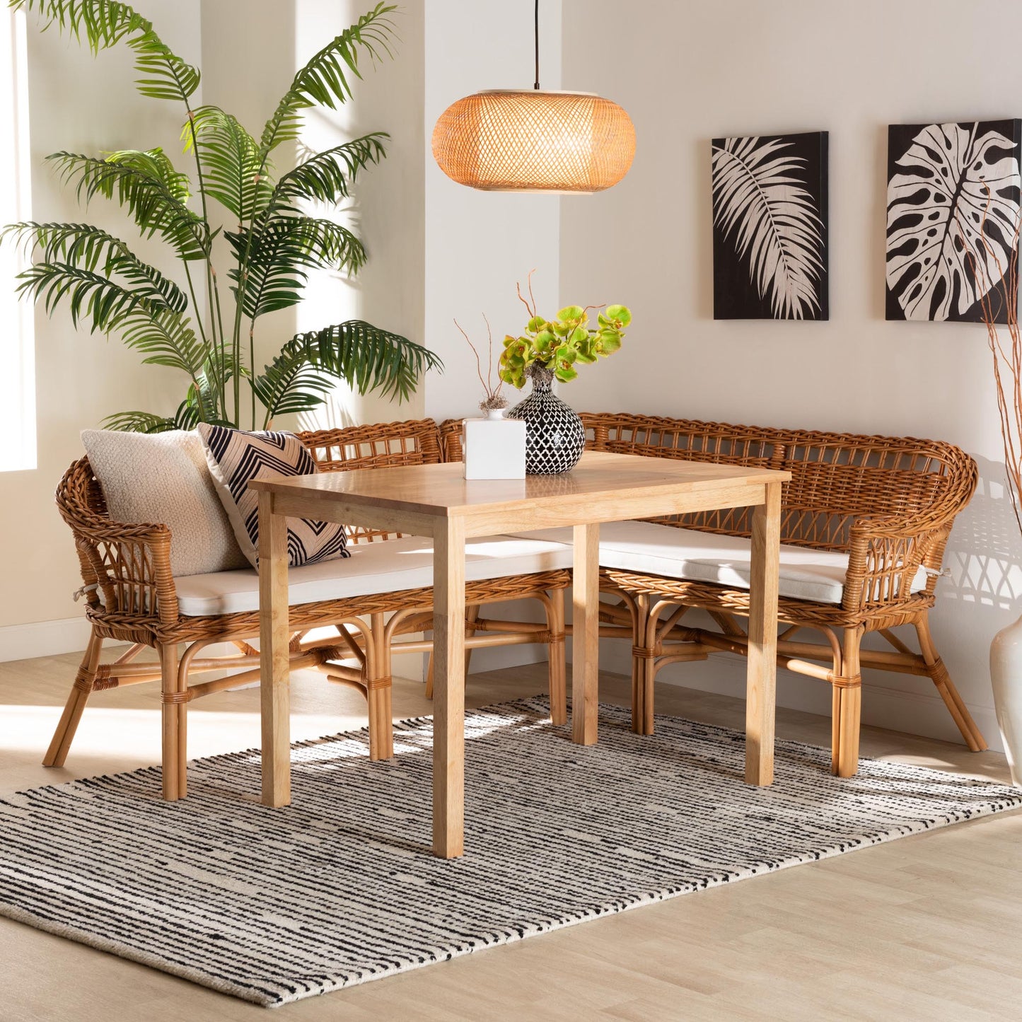 Baxton Studio Nella Modern Bohemian Natural Brown Finished Wood and Rattan 3-Piece Dining Nook Set | Dining Sets | Modishstore