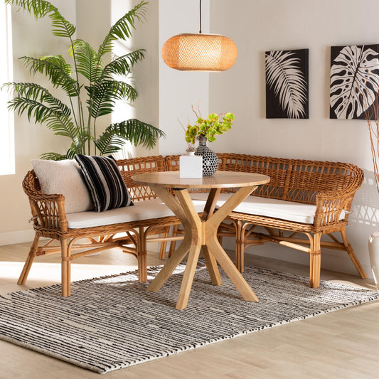 Baxton Studio bali & pari Nella Modern Bohemian Natural Brown Rattan 2-Piece Dining Nook Banquette Set | Dining Sets | Modishstore