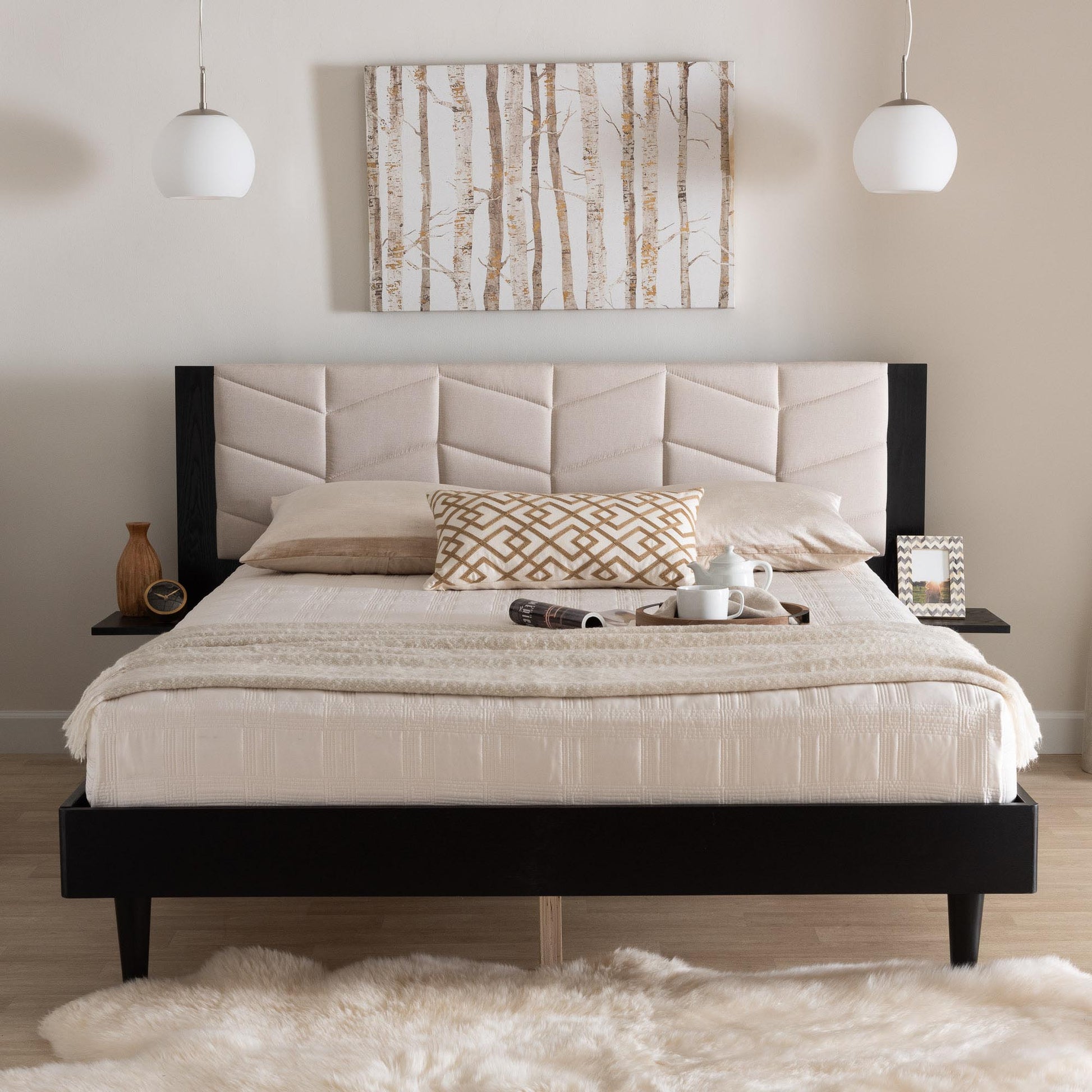 Baxton Studio Adriano Transitional Beige Fabric and Black Wood Queen Size Bed with Built-In Side Tables | Beds | Modishstore