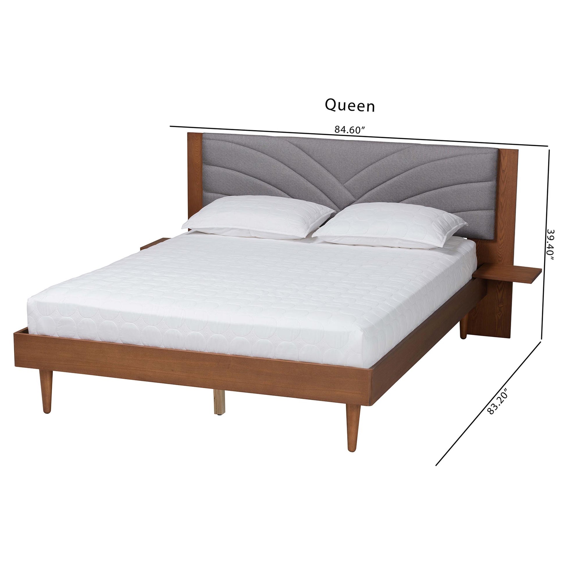 Baxton Studio Hemera Mid-Century Modern Grey Fabric and Walnut Brown Wood Queen Size Platform Bed With Floating Side Table | Beds | Modishstore - 3