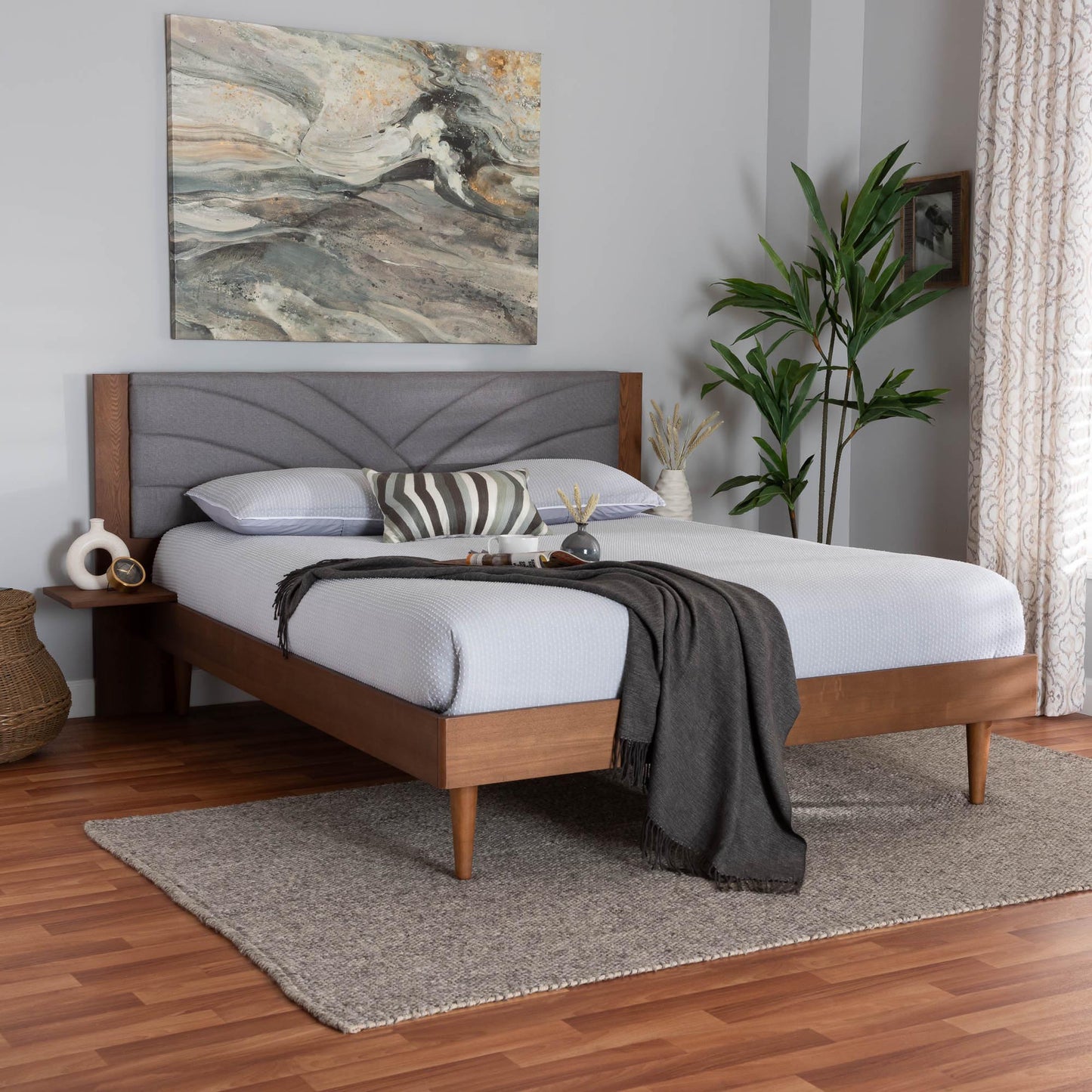 Baxton Studio Hemera Mid-Century Modern Grey Fabric and Walnut Brown Wood Queen Size Platform Bed With Floating Side Table | Beds | Modishstore