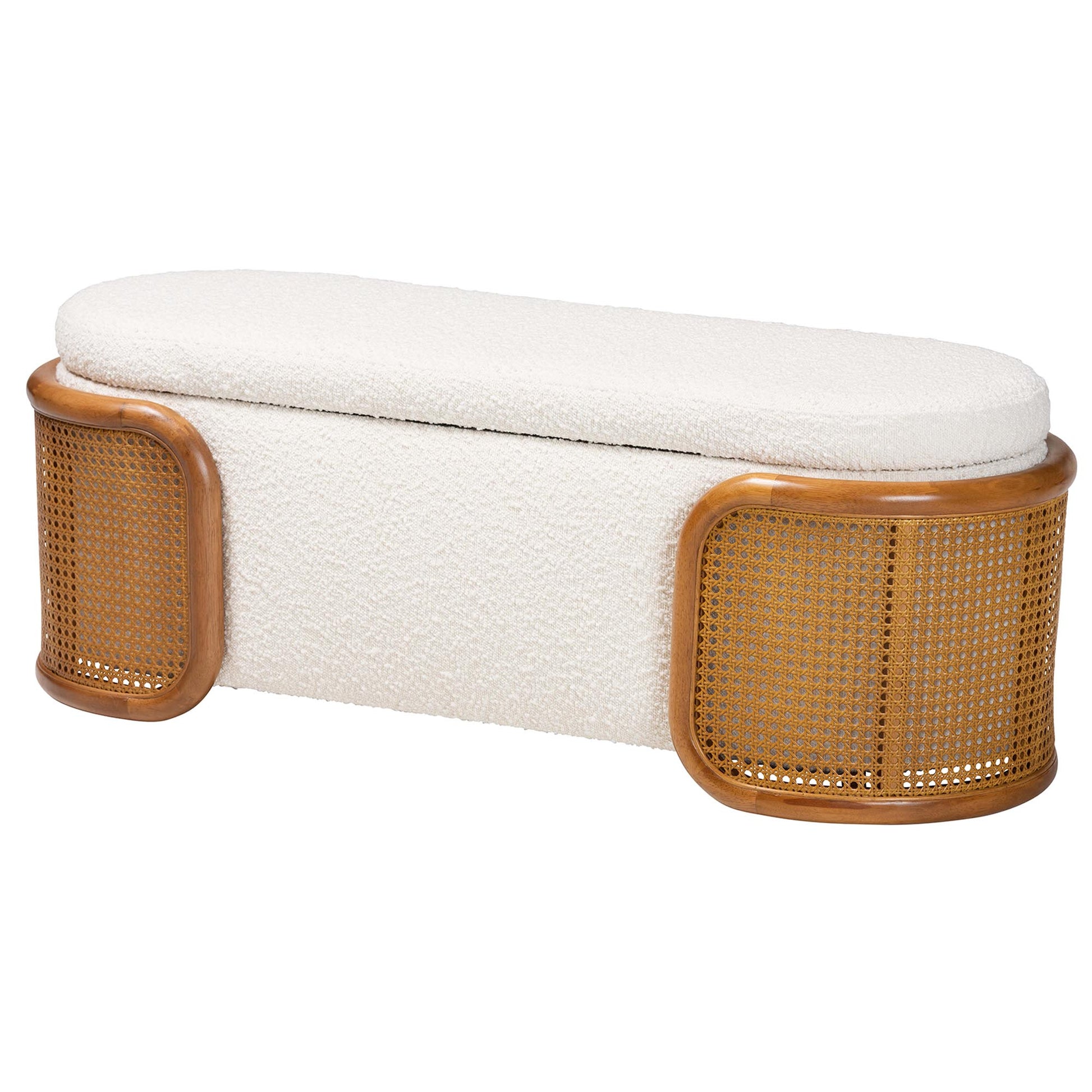 Baxton Studio Basira Japandi Cream Boucle Fabric Storage Bench with Woven Rattan | Benches | Modishstore - 5