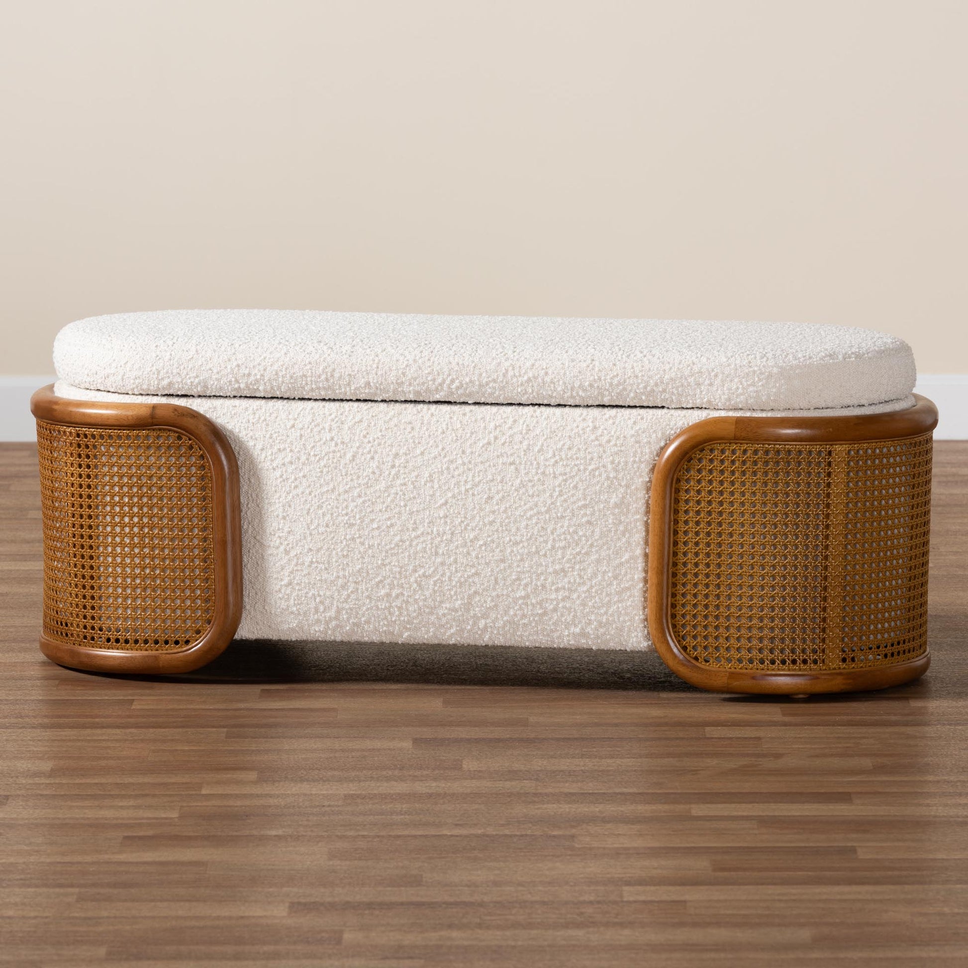 Baxton Studio Basira Japandi Cream Boucle Fabric Storage Bench with Woven Rattan | Benches | Modishstore - 3