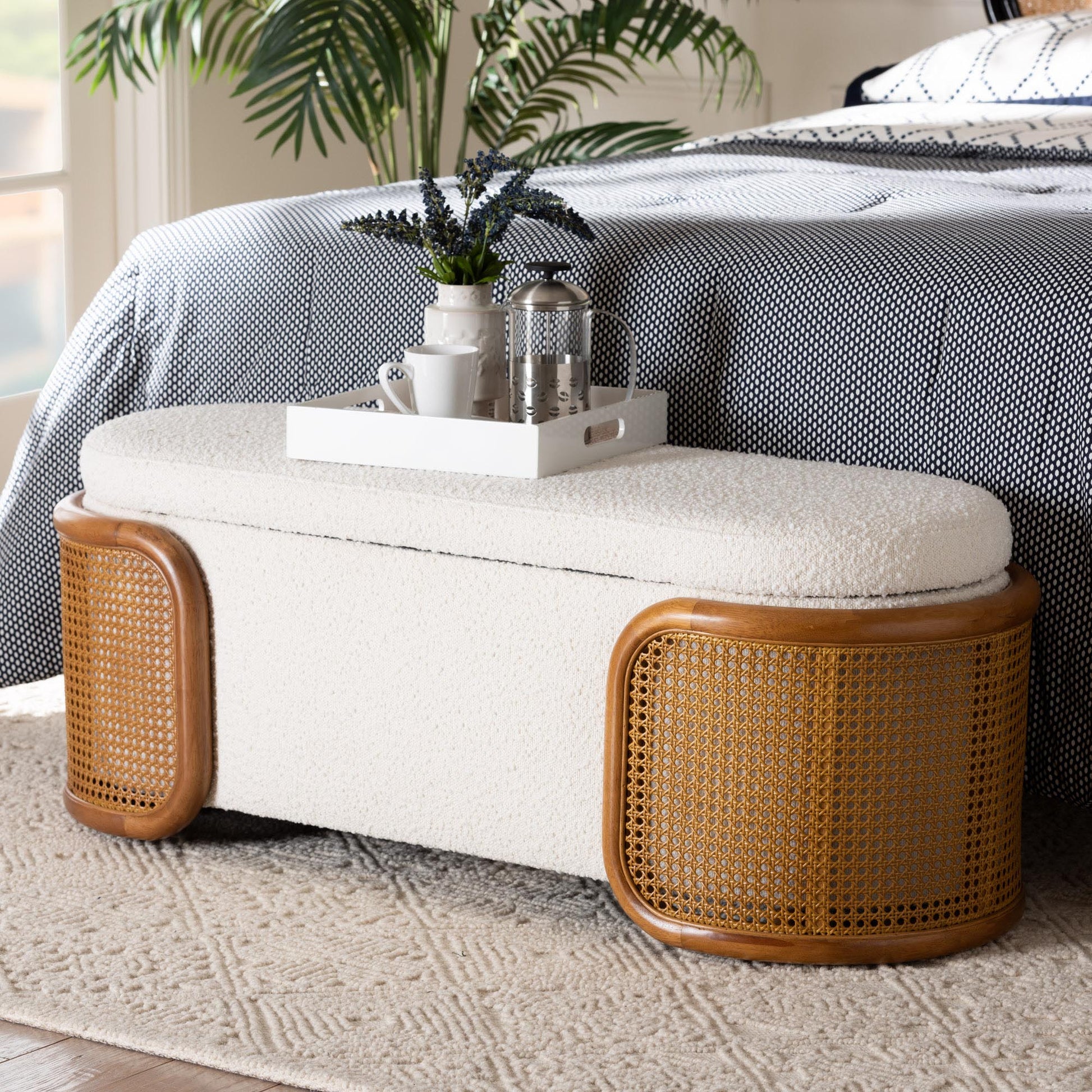 Baxton Studio Basira Japandi Cream Boucle Fabric Storage Bench with Woven Rattan | Benches | Modishstore