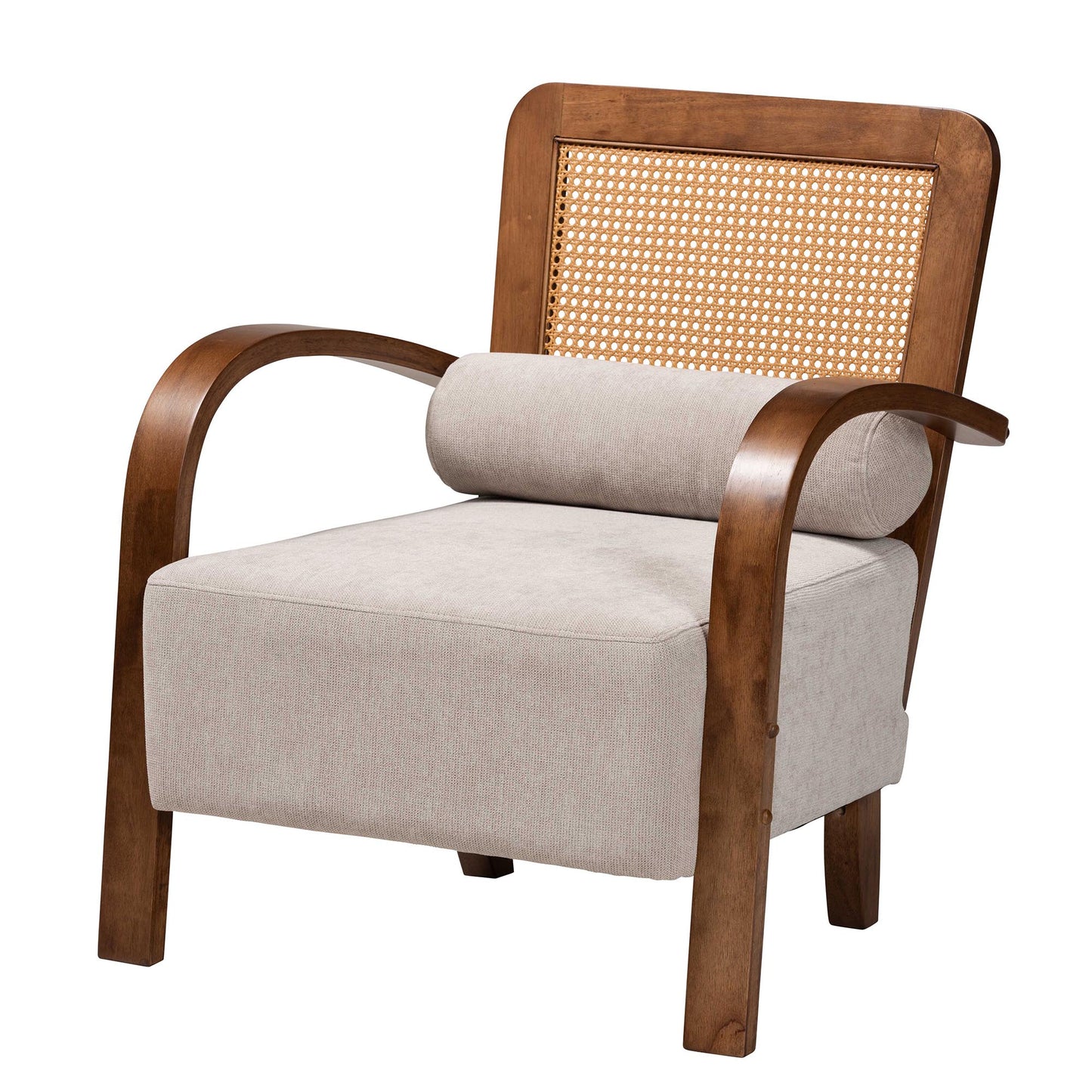 Baxton Studio Sage Modern Japandi Light Grey Fabric and Walnut Brown Finished Wood Arm Chair with Woven Rattan | Accent Chairs | Modishstore - 2