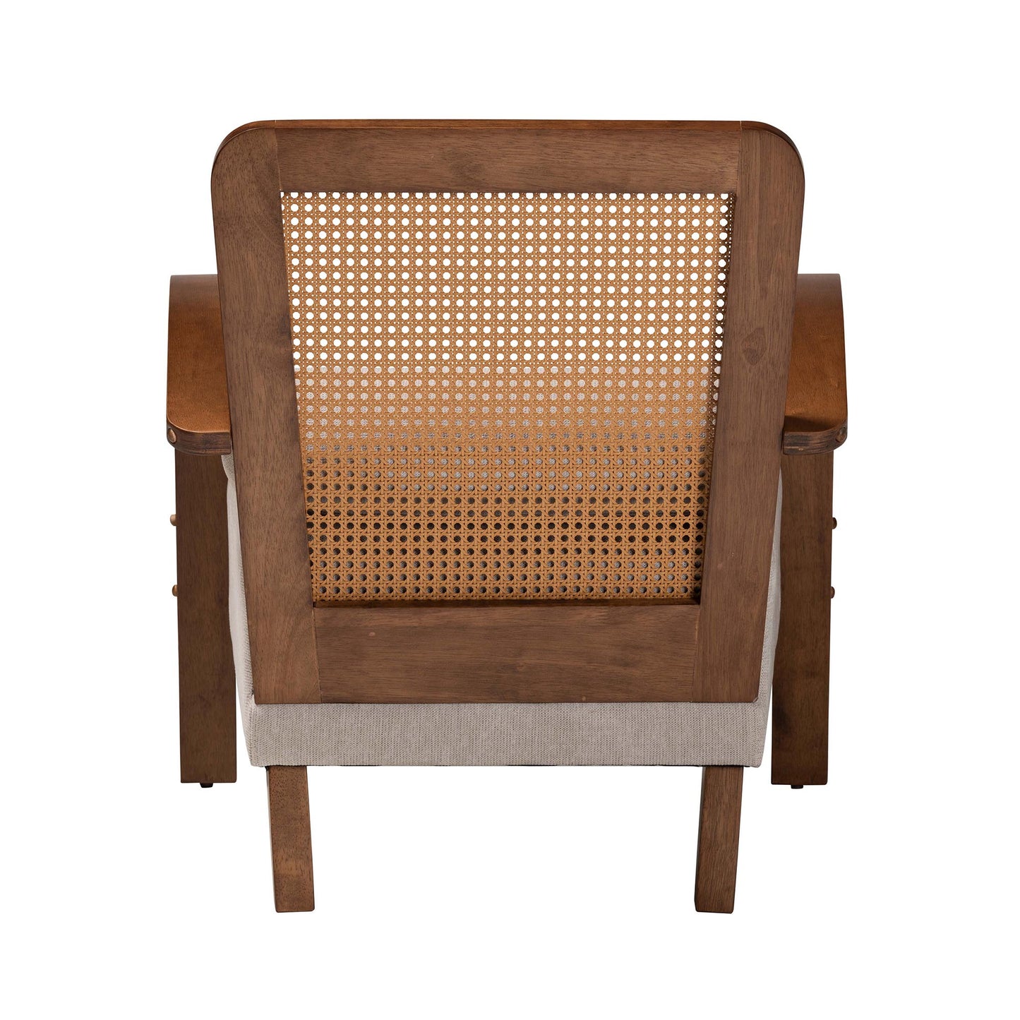 Baxton Studio Sage Modern Japandi Light Grey Fabric and Walnut Brown Finished Wood Arm Chair with Woven Rattan | Accent Chairs | Modishstore - 5