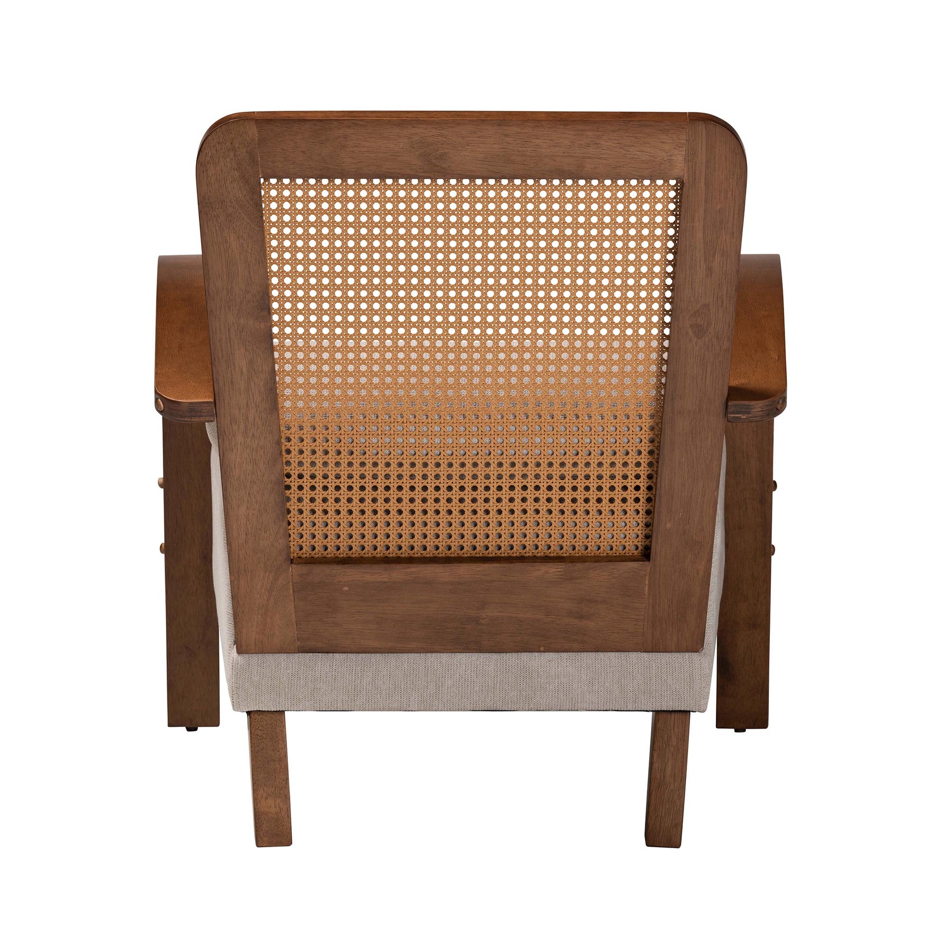 Baxton Studio Sage Modern Japandi Light Grey Fabric and Walnut Brown Finished Wood Arm Chair with Woven Rattan | Accent Chairs | Modishstore - 5