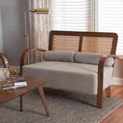 Baxton Studio Sage Modern Japandi Light Grey Fabric and Walnut Brown Finished Wood Loveseat with Woven Rattan