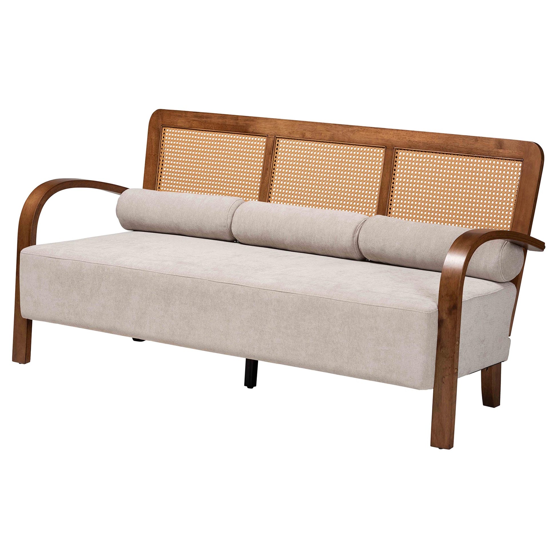 Baxton Studio Sage Modern Japandi Light Grey Fabric and Walnut Brown Finished Wood Sofa with Woven Rattan | Sofas | Modishstore - 2