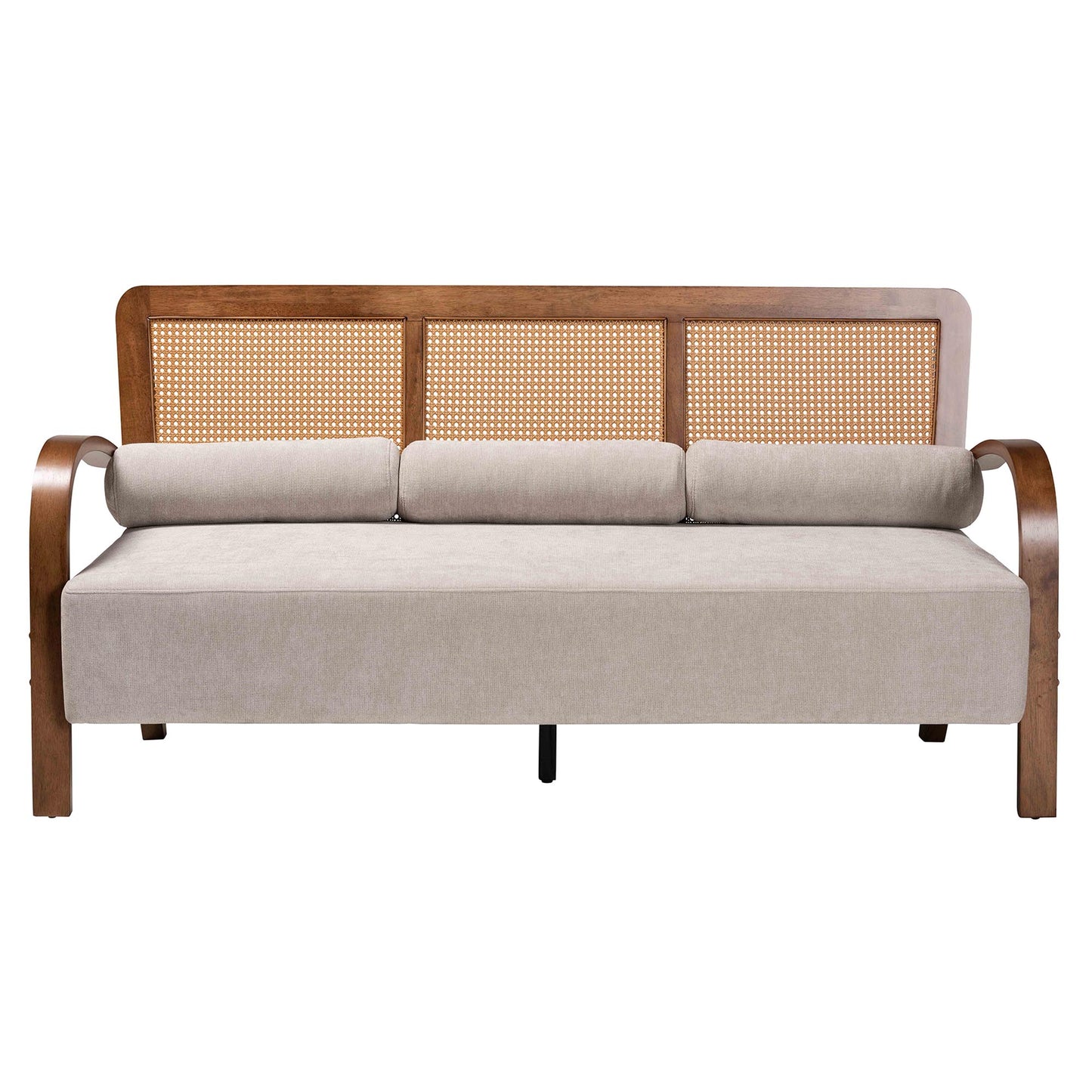 Baxton Studio Sage Modern Japandi Light Grey Fabric and Walnut Brown Finished Wood Sofa with Woven Rattan | Sofas | Modishstore - 3