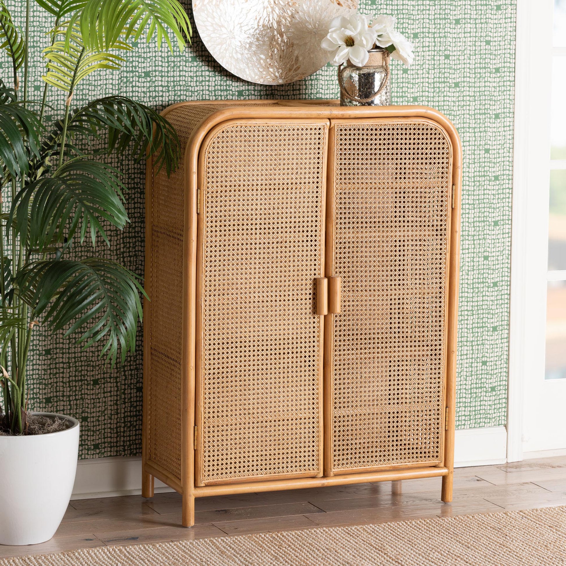 Baxton Studio bali & pari Curacao Modern Bohemian Light Honey Rattan 2-Door Storage Cabinet | Cabinets | Modishstore