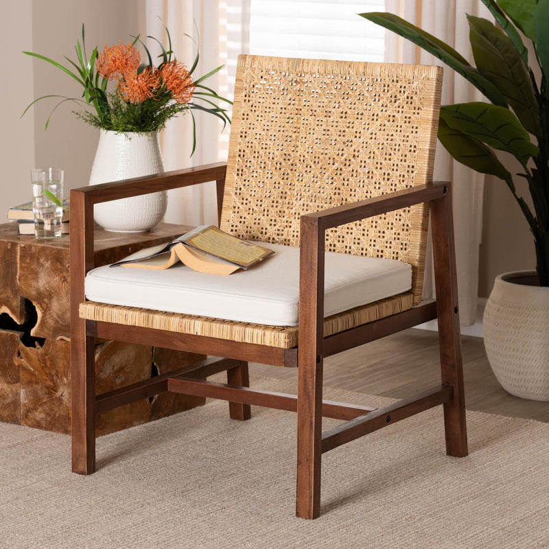 Baxton Studio bali & pari Lovina Bohemian Light Honey Rattan and Acacia Wood Arm Chair | Accent Chairs | Modishstore