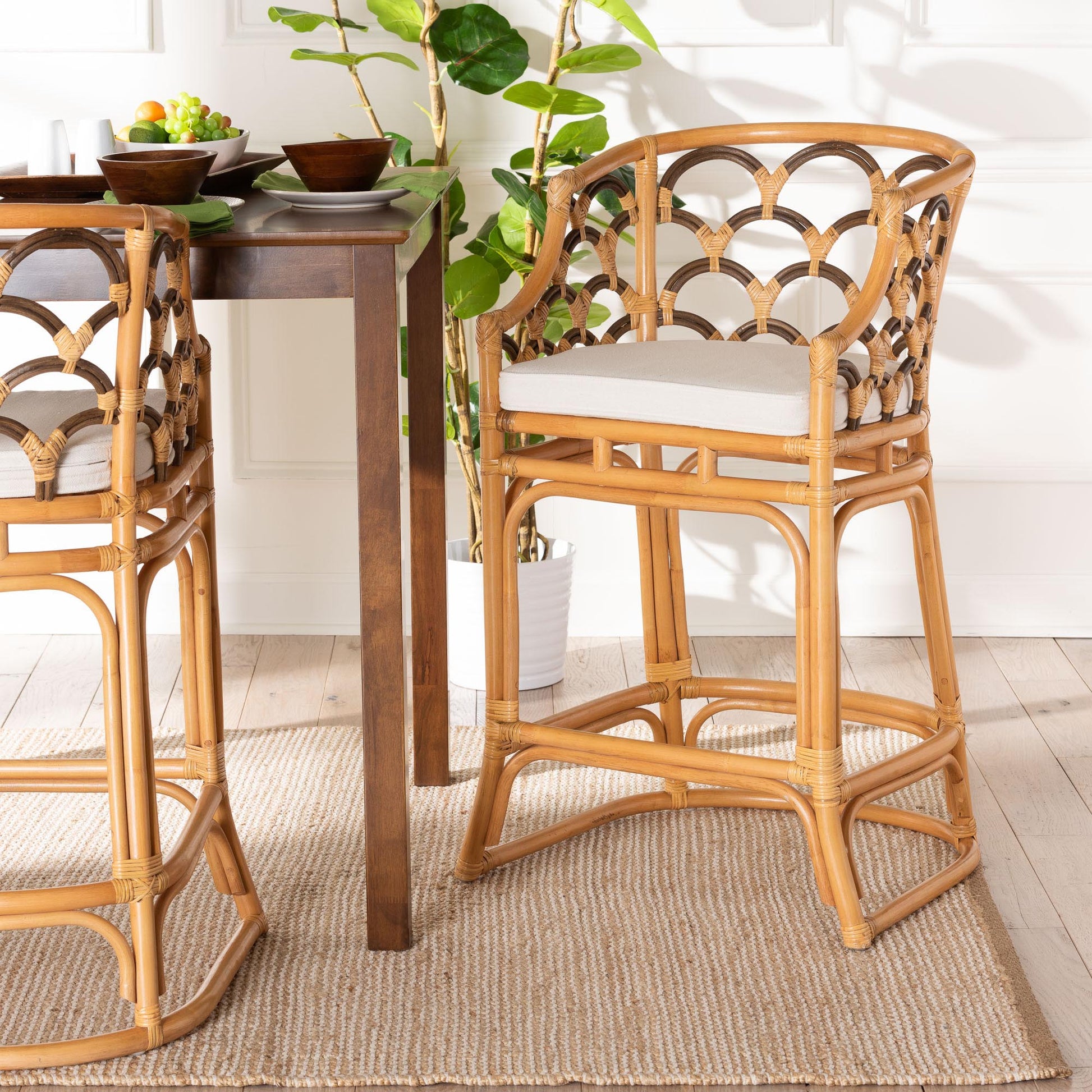 Baxton Studio bali & pari Veneto Modern Bohemian Light Honey and Dark Brown Rattan Bar Stool | Bar Stools | Modishstore