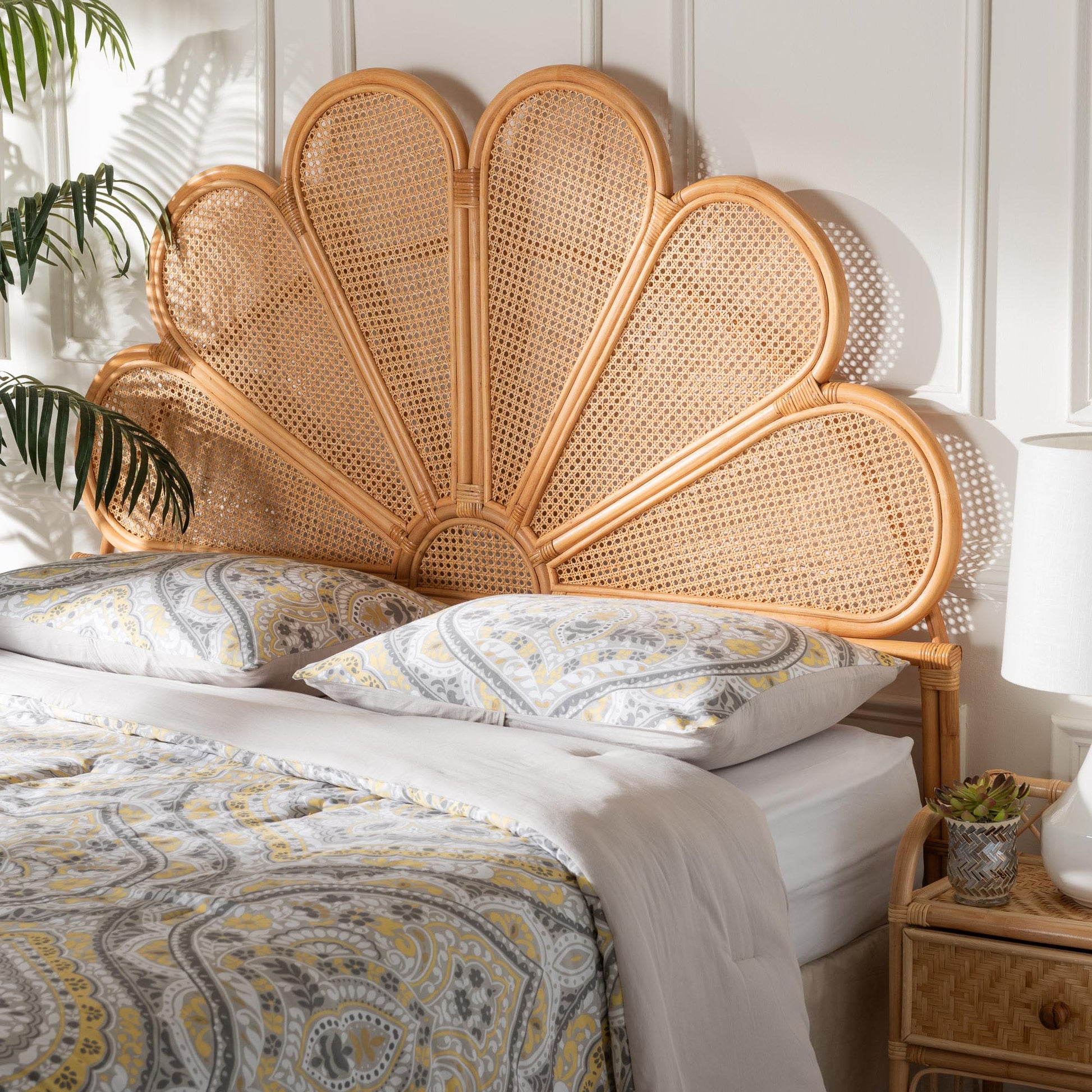 Baxton Studio bali & pari Flower Modern Bohemian Honey Rattan King Size Standalone Headboard | Headboards | Modishstore