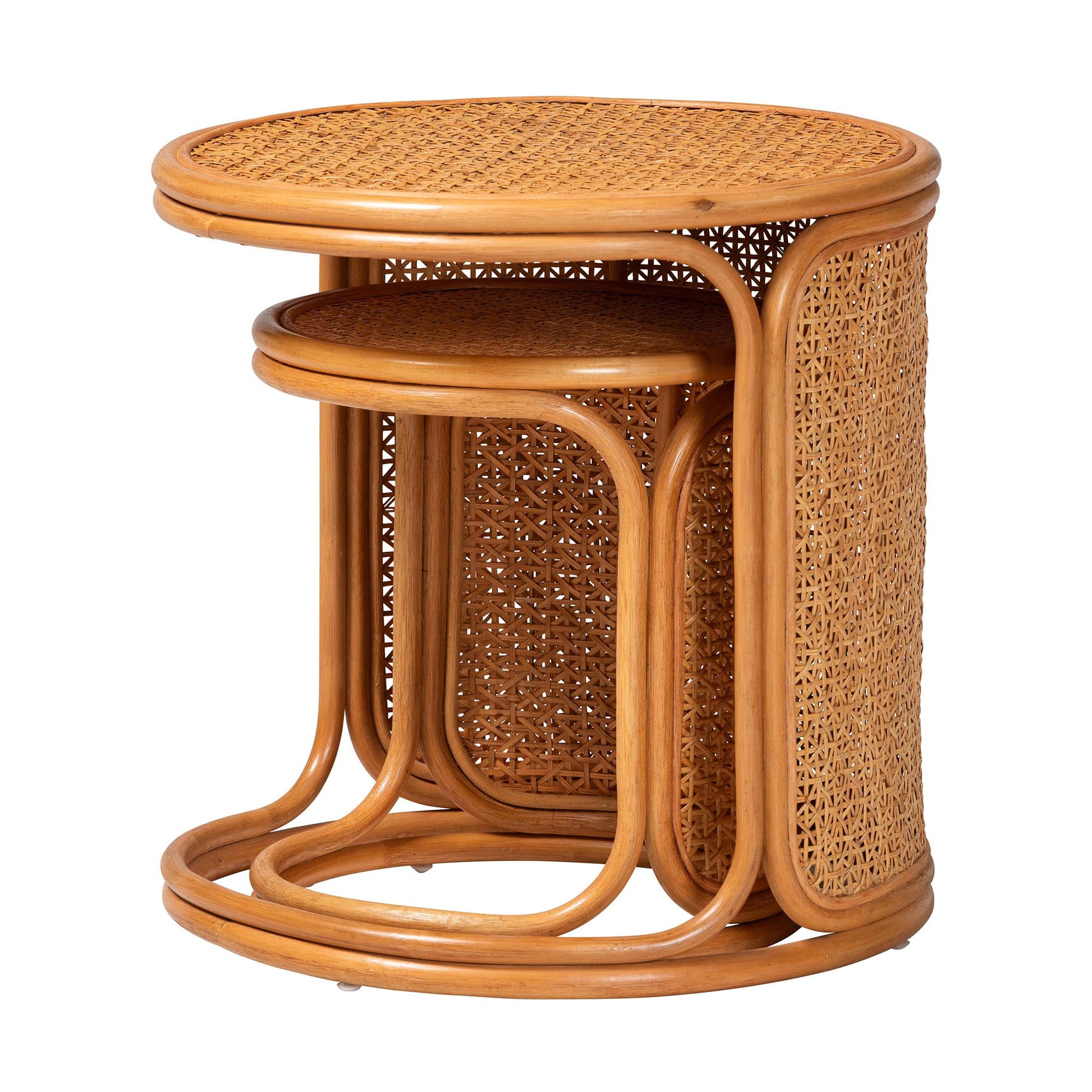 Baxton Studio bali & pari Eldon Bohemian Honey Rattan 2-Piece Nesting End Table Set | End Tables | Modishstore - 4