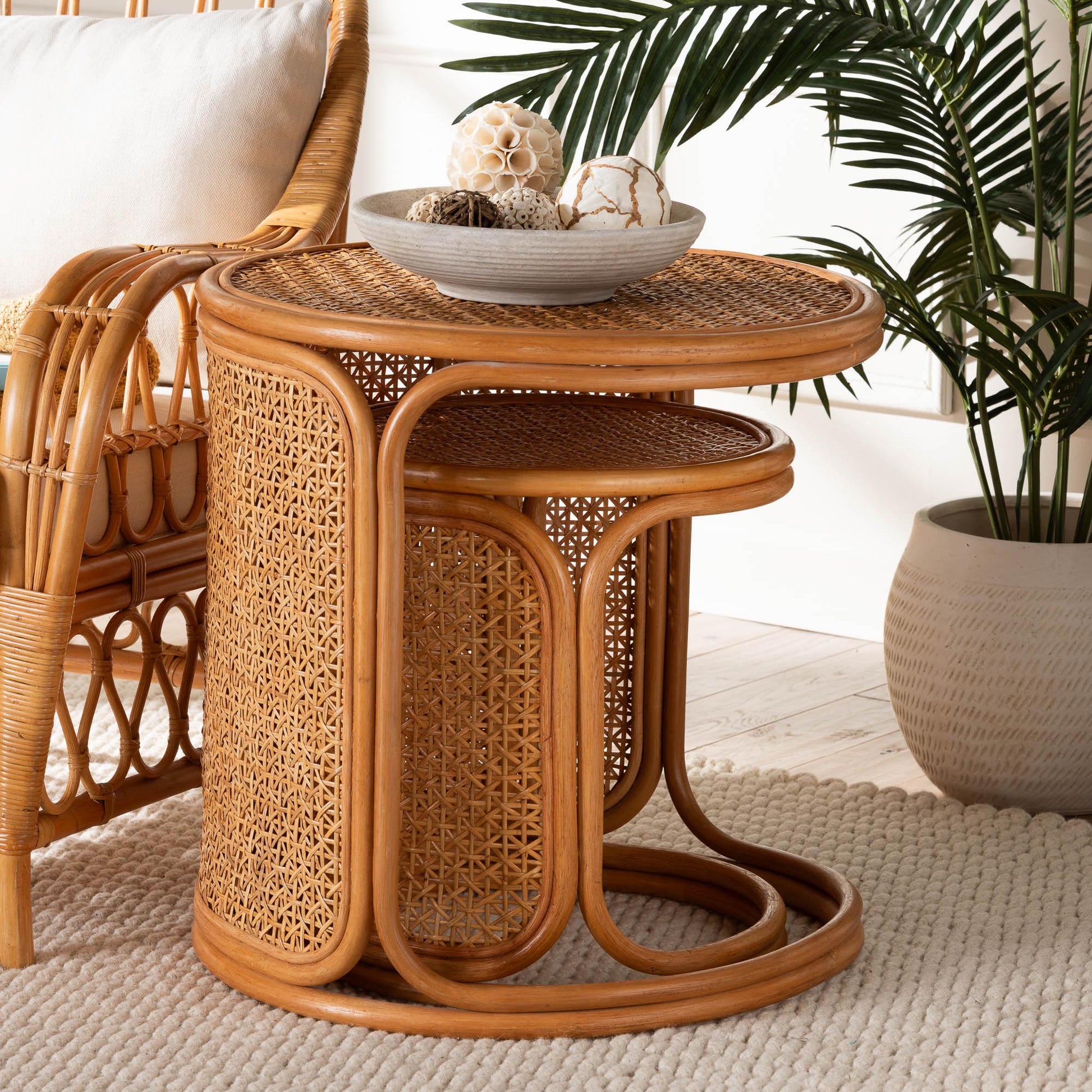 Baxton Studio bali & pari Eldon Bohemian Honey Rattan 2-Piece Nesting End Table Set | End Tables | Modishstore