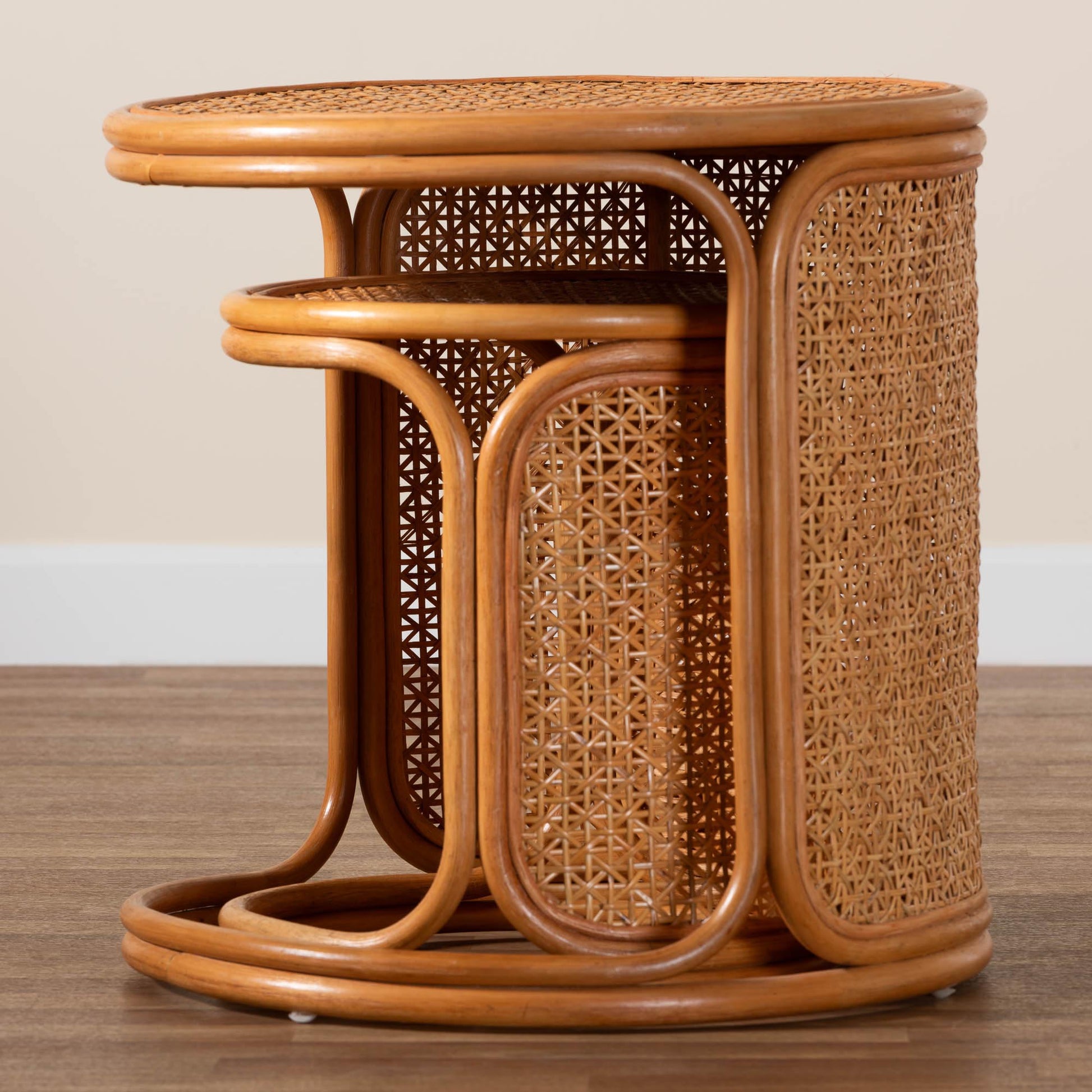 Baxton Studio bali & pari Eldon Bohemian Honey Rattan 2-Piece Nesting End Table Set | End Tables | Modishstore - 8