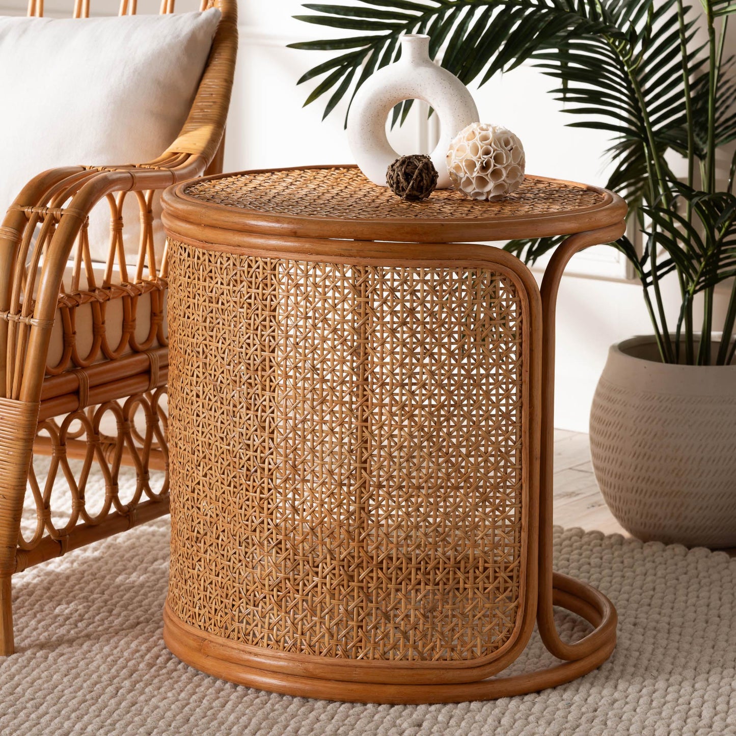 Baxton Studio bali & pari Eldon Bohemian Honey Rattan Large End Table | End Tables | Modishstore