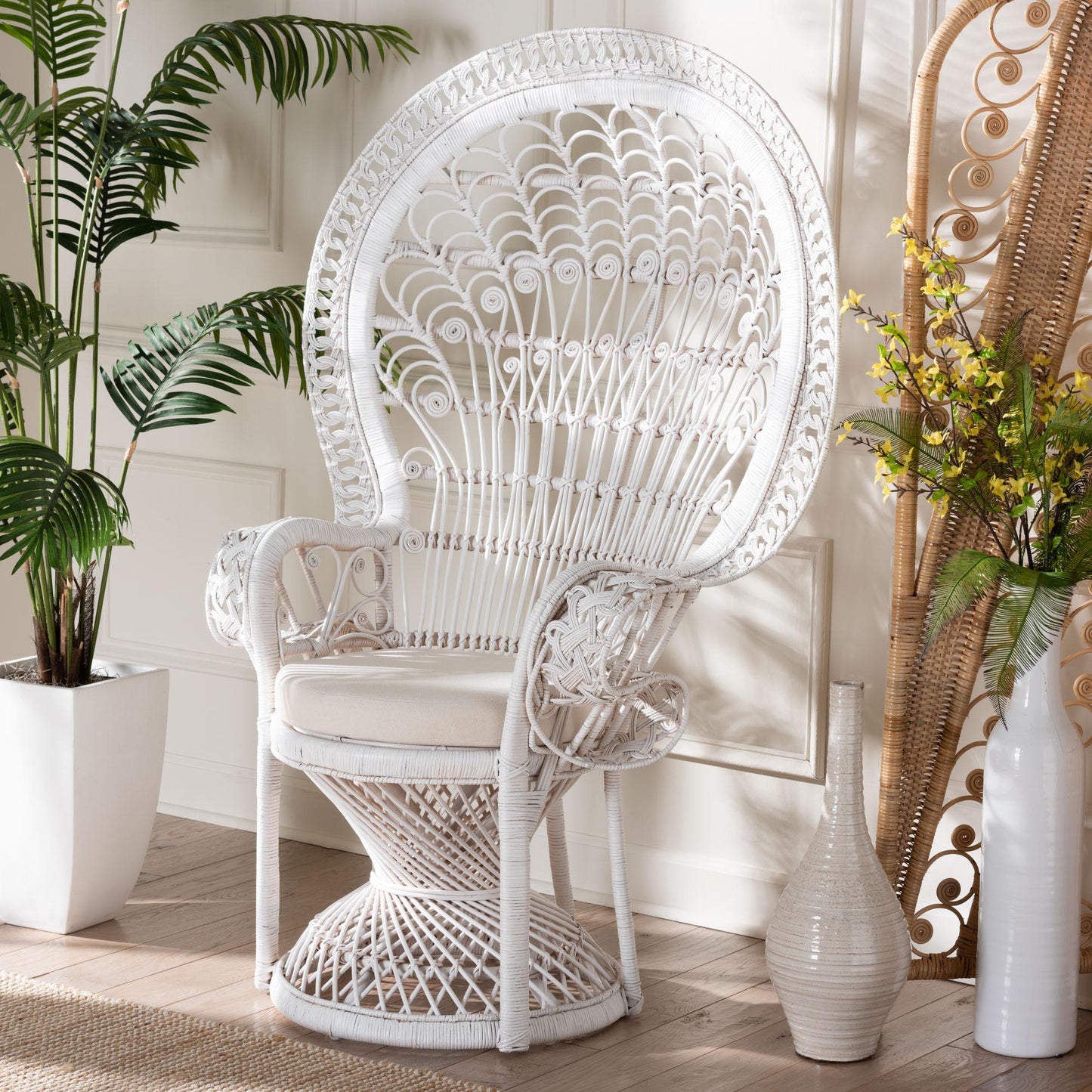 Baxton Studio bali & pari Kallima Modern Bohemian White Natural Rattan Peacock Chair | Accent Chairs | Modishstore