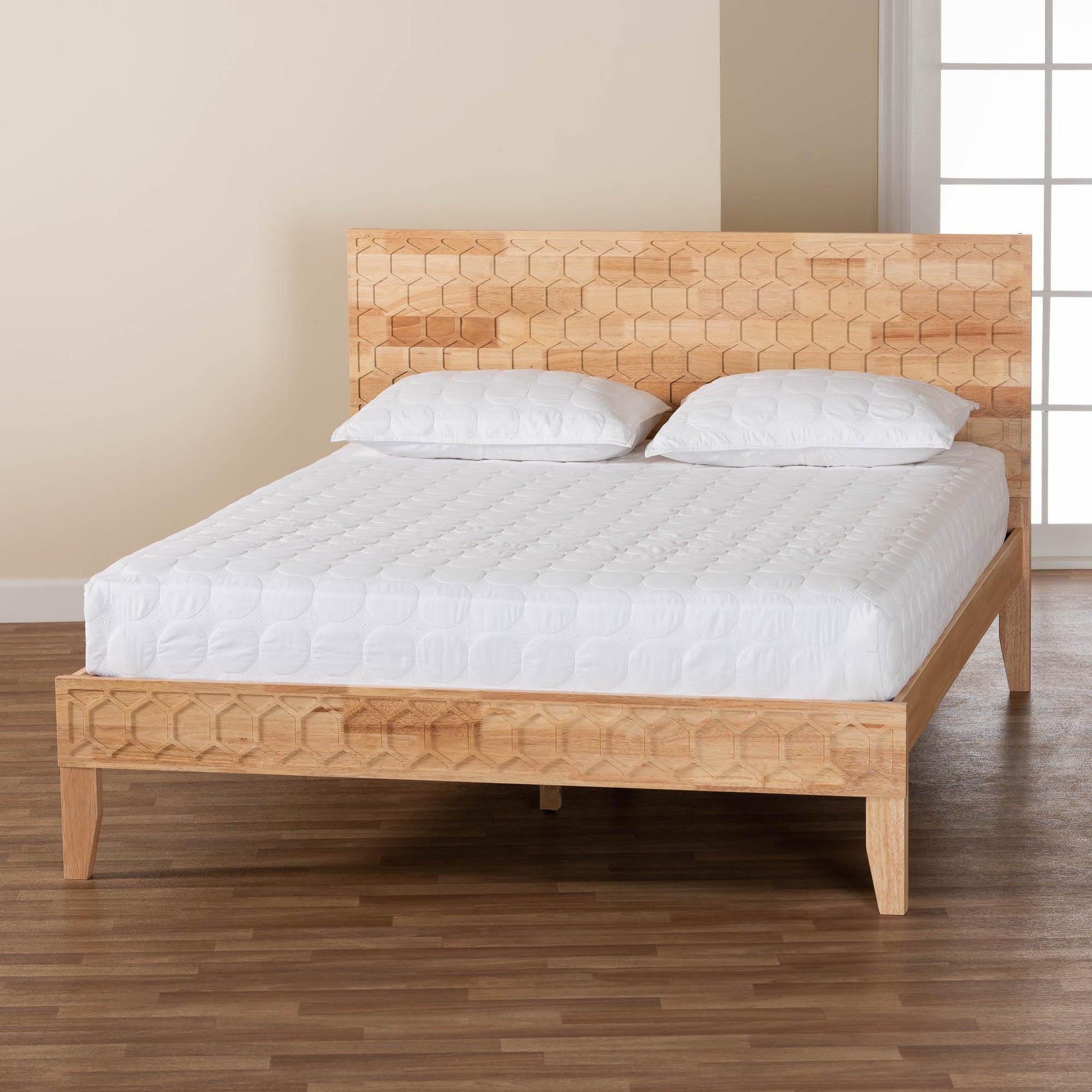 Baxton Studio Hosea Japandi Carved Honeycomb Natural Queen Size Platform Bed | Beds | Modishstore - 2