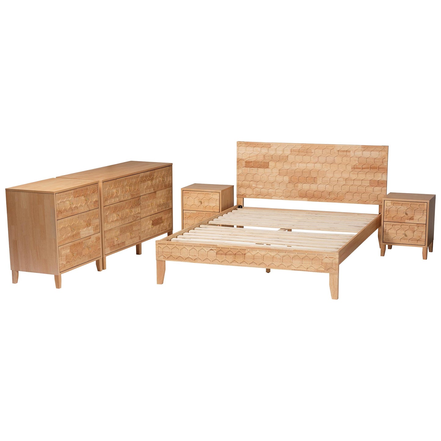 Baxton Studio Hosea Japandi Carved Honeycomb Natural Queen Size 5-Piece Bedroom Set | Bedroom Sets | Modishstore - 7