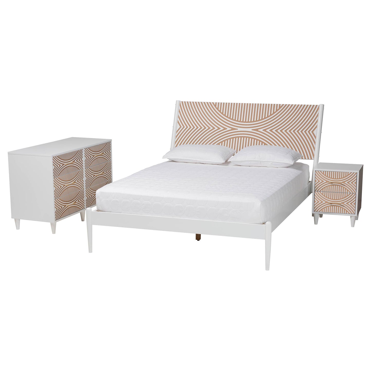 Baxton Studio Louetta Coastal White Caved Contrasting Queen Size 3-Piece Bedroom Set | Bedroom Sets | Modishstore - 5