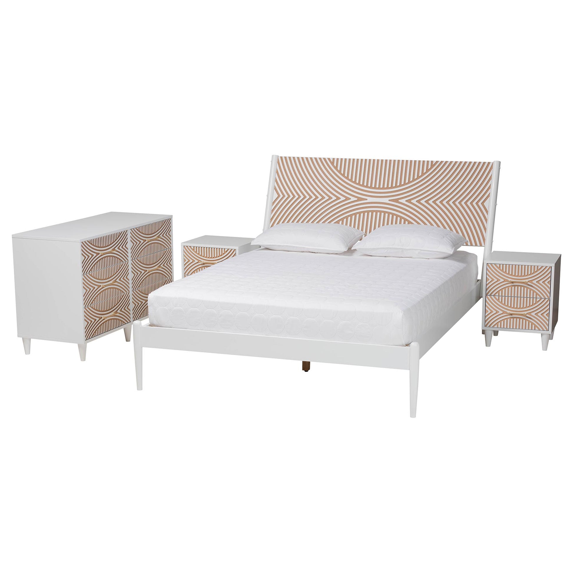 Baxton Studio Louetta Coastal White Caved Contrasting Queen Size 4-Piece Bedroom Set | Bedroom Sets | Modishstore - 5