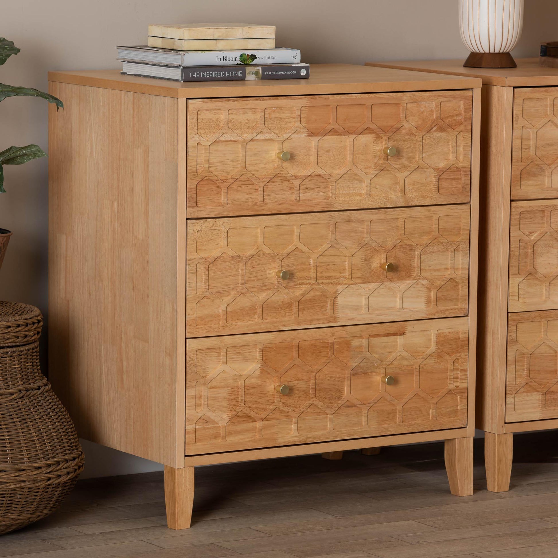 Baxton Studio Hosea Japandi Carved Honeycomb Natural 3-Drawer Chest | Drawers | Modishstore