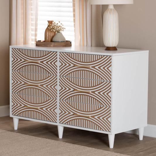 Baxton Studio Louetta Coastal White Carved Contrasting 6-Drawer Dresser | Dressers | Modishstore