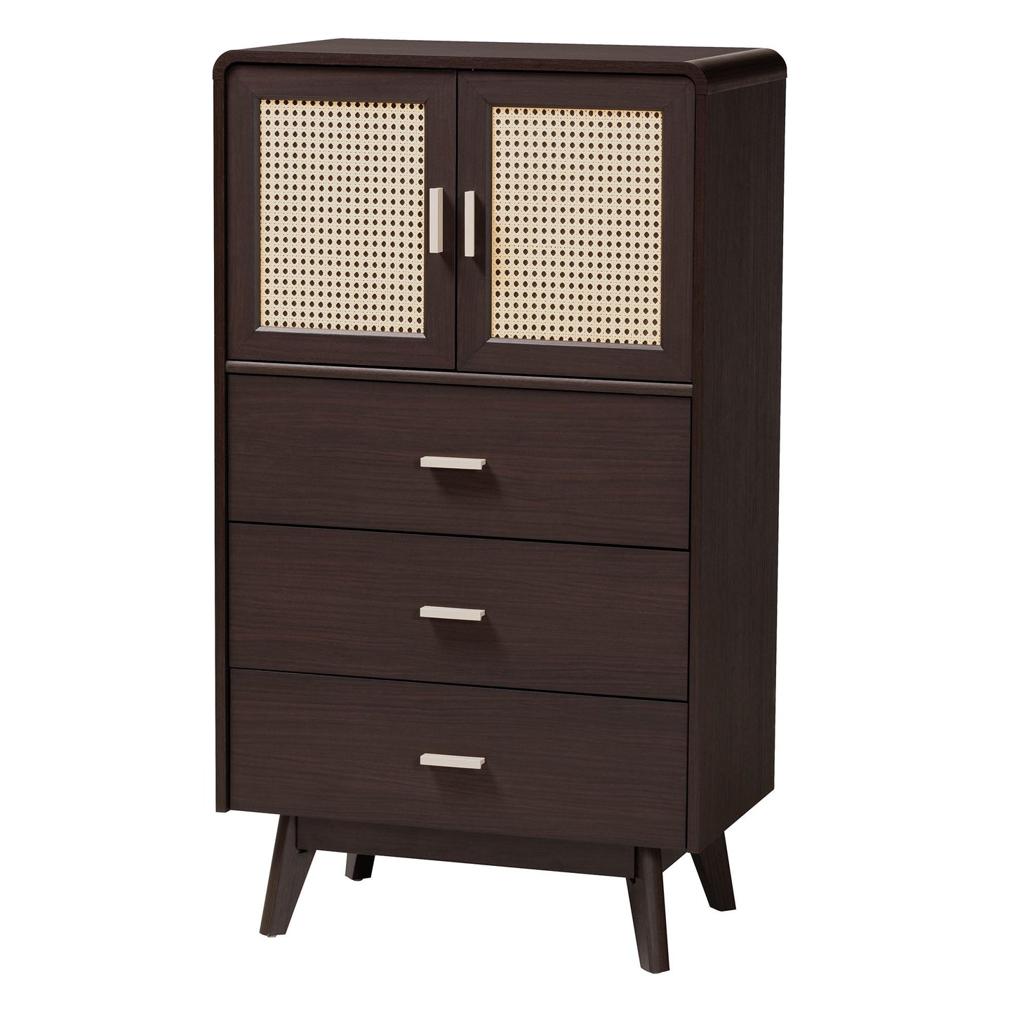 Baxton Studio Giancarlo Mid-Century Modern Espresso Brown Wood 3-Drawer Storage Chest with Rattan door | Drawers | Modishstore - 2