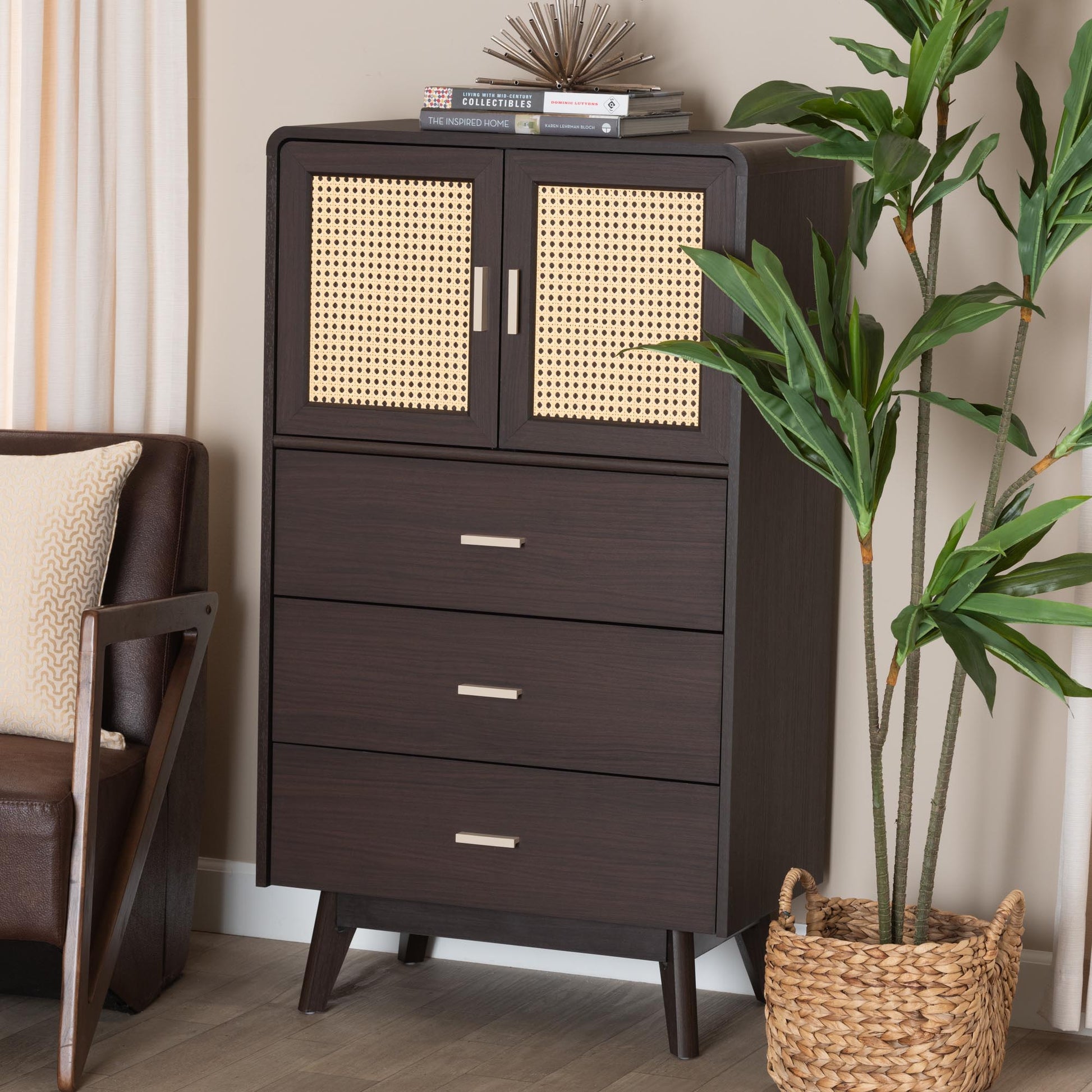 Baxton Studio Giancarlo Mid-Century Modern Espresso Brown Wood 3-Drawer Storage Chest with Rattan door | Drawers | Modishstore