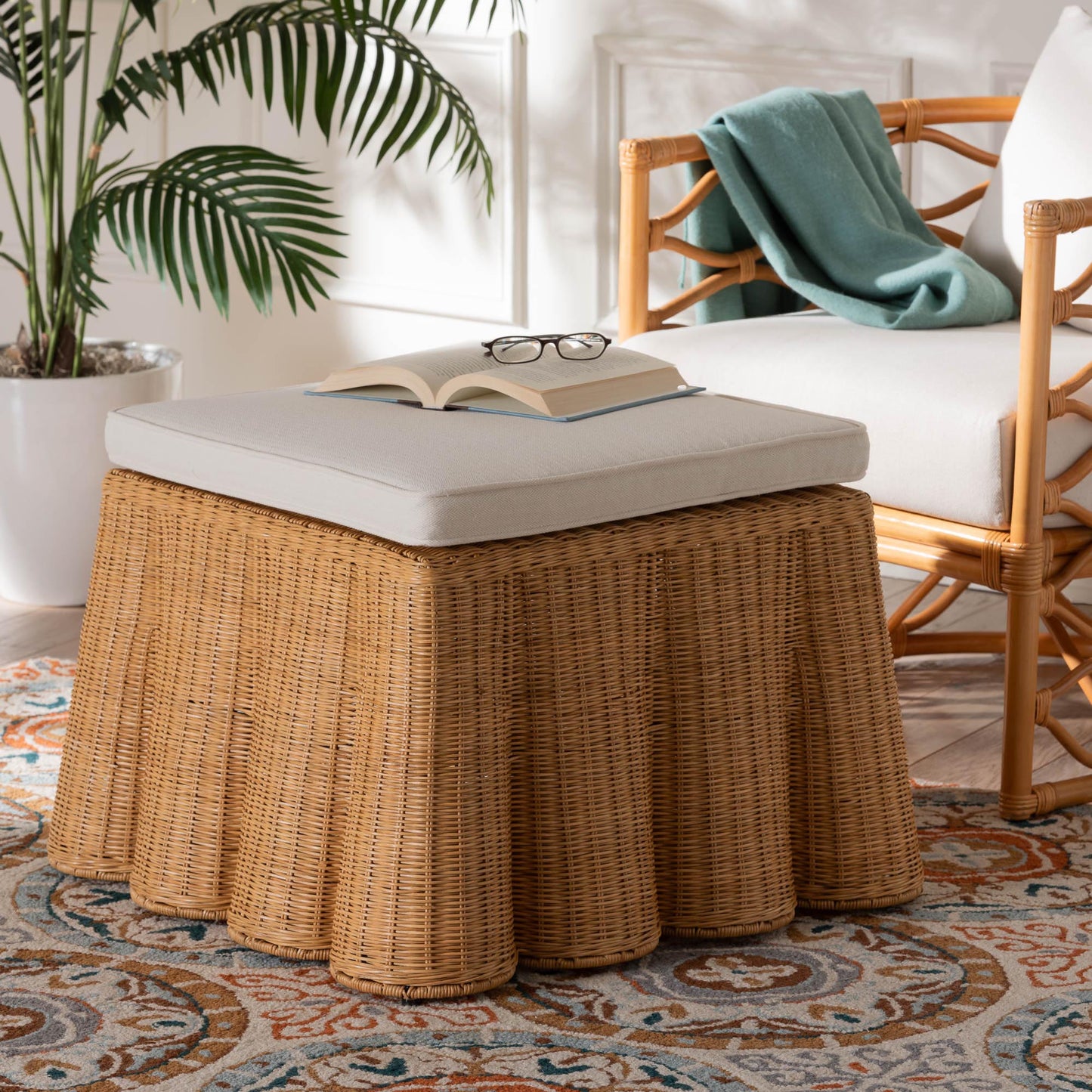 Baxton Studio bali & pari Palm Bohemian Honey Scallop Rattan Ottoman | Ottomans | Modishstore