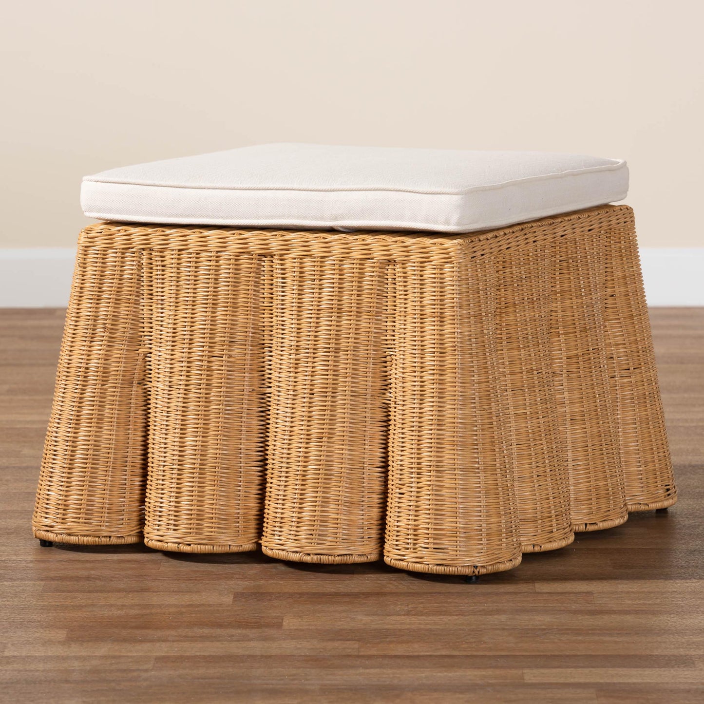 Baxton Studio bali & pari Palm Bohemian Honey Scallop Rattan Ottoman | Ottomans | Modishstore - 6