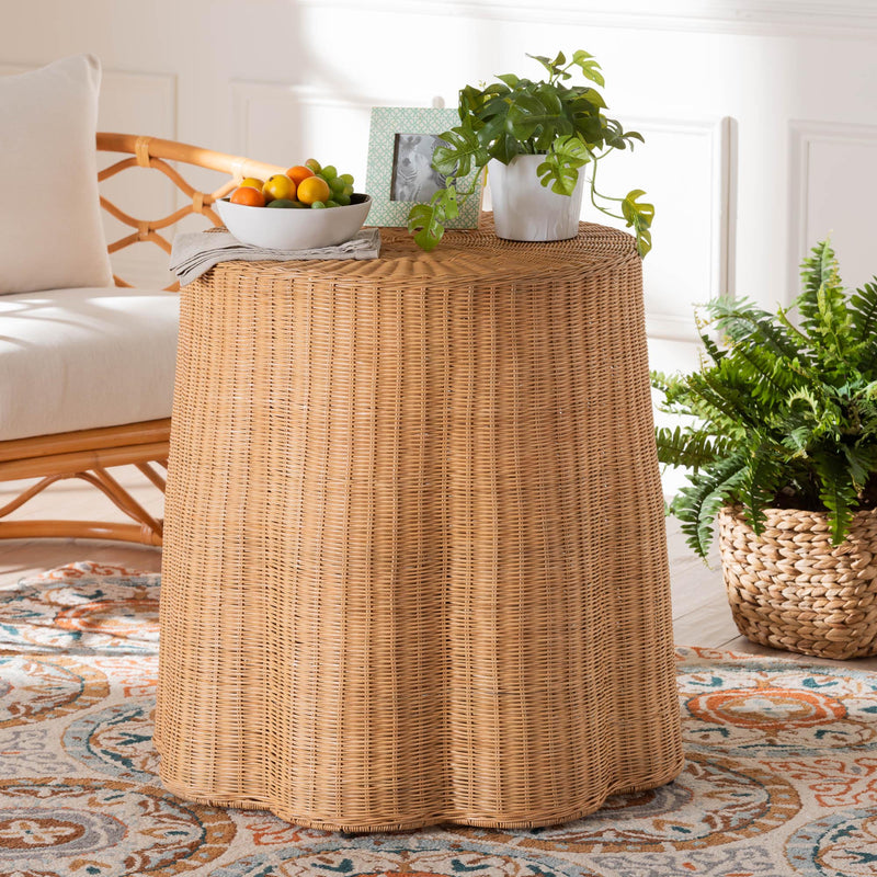 Baxton Studio bali & pari Palm Bohemian Honey Scallop Rattan End Table | End Tables | Modishstore